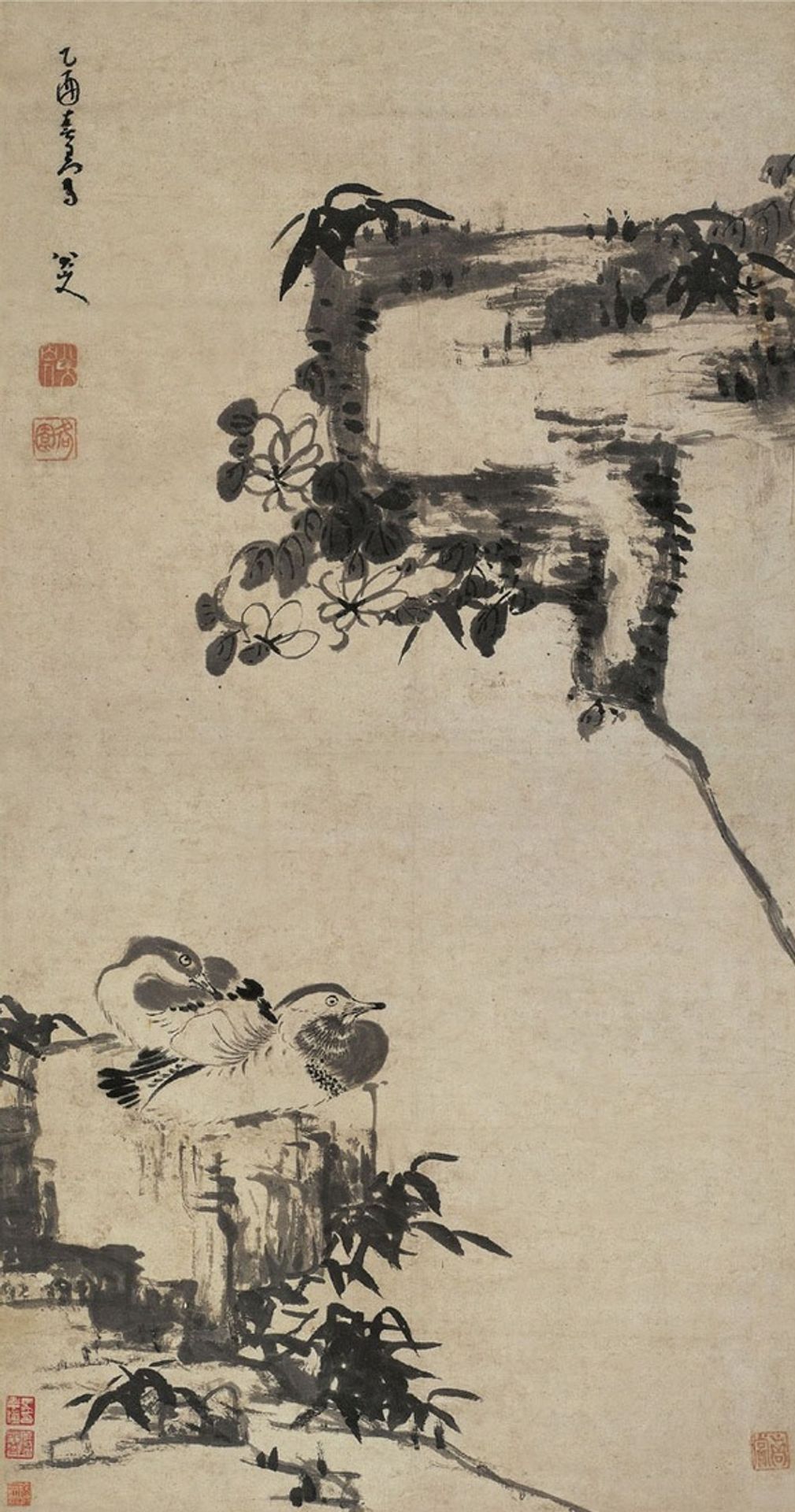 Bamboo, Rock, and Mandarin Ducks by Bada Shanren