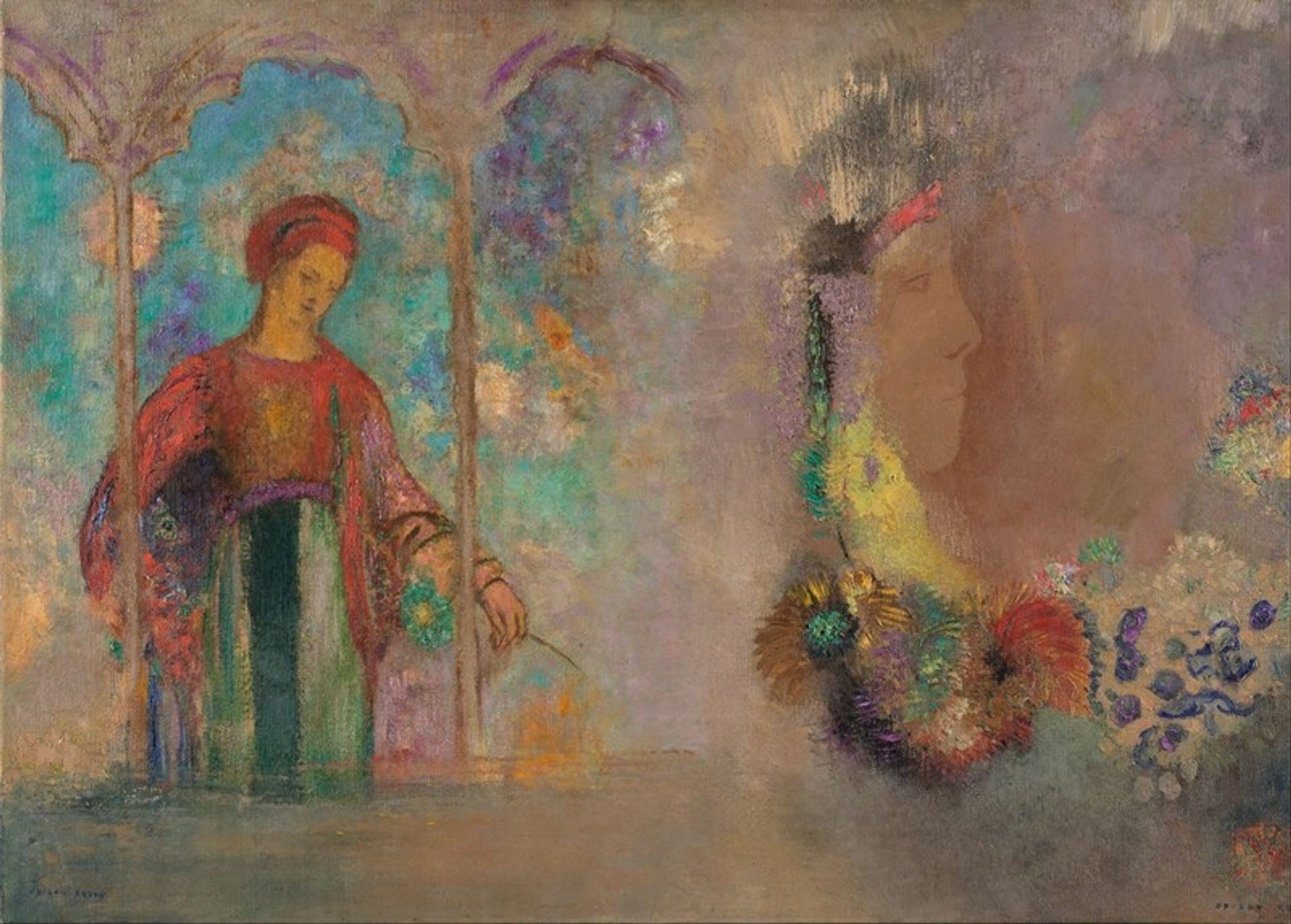 Woman in a gothic arcade; woman with flowers by Odilon Redon