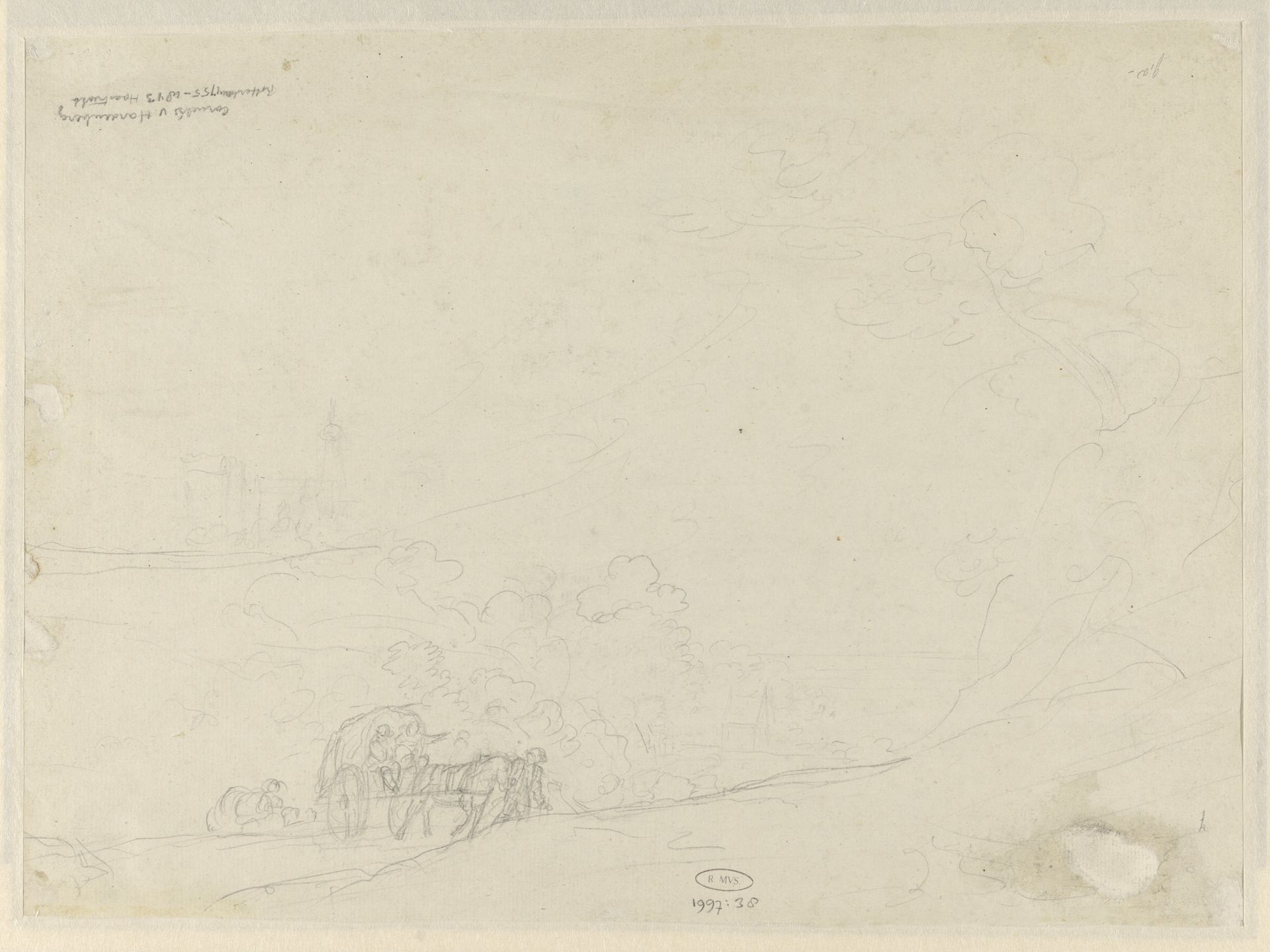Reizigers in een huifkar steken een rivier over by Cornelis van Hardenbergh