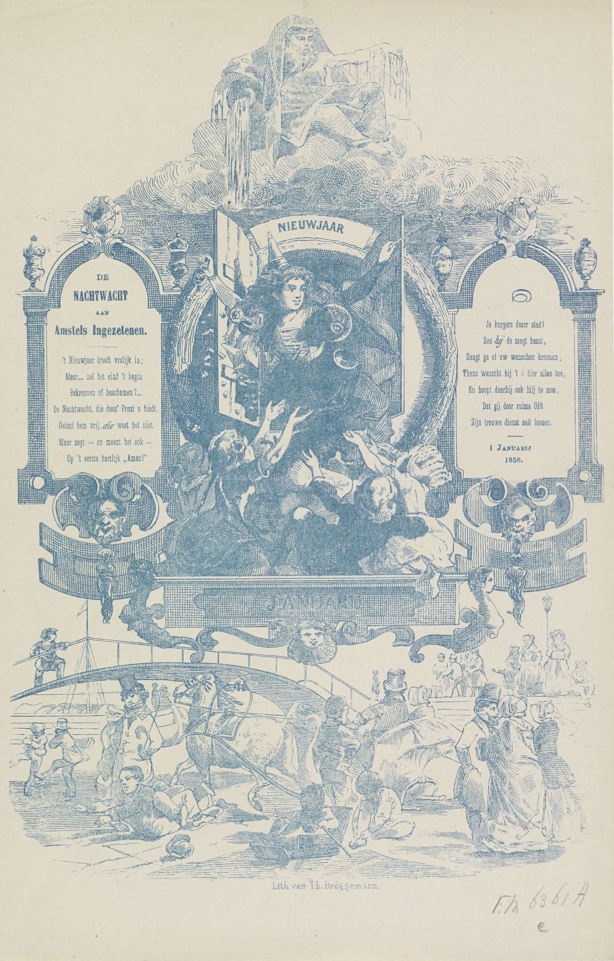 Nieuwjaarswens van de Amsterdamse nachtwacht voor het jaar 1858 by Theodor Brüggemann