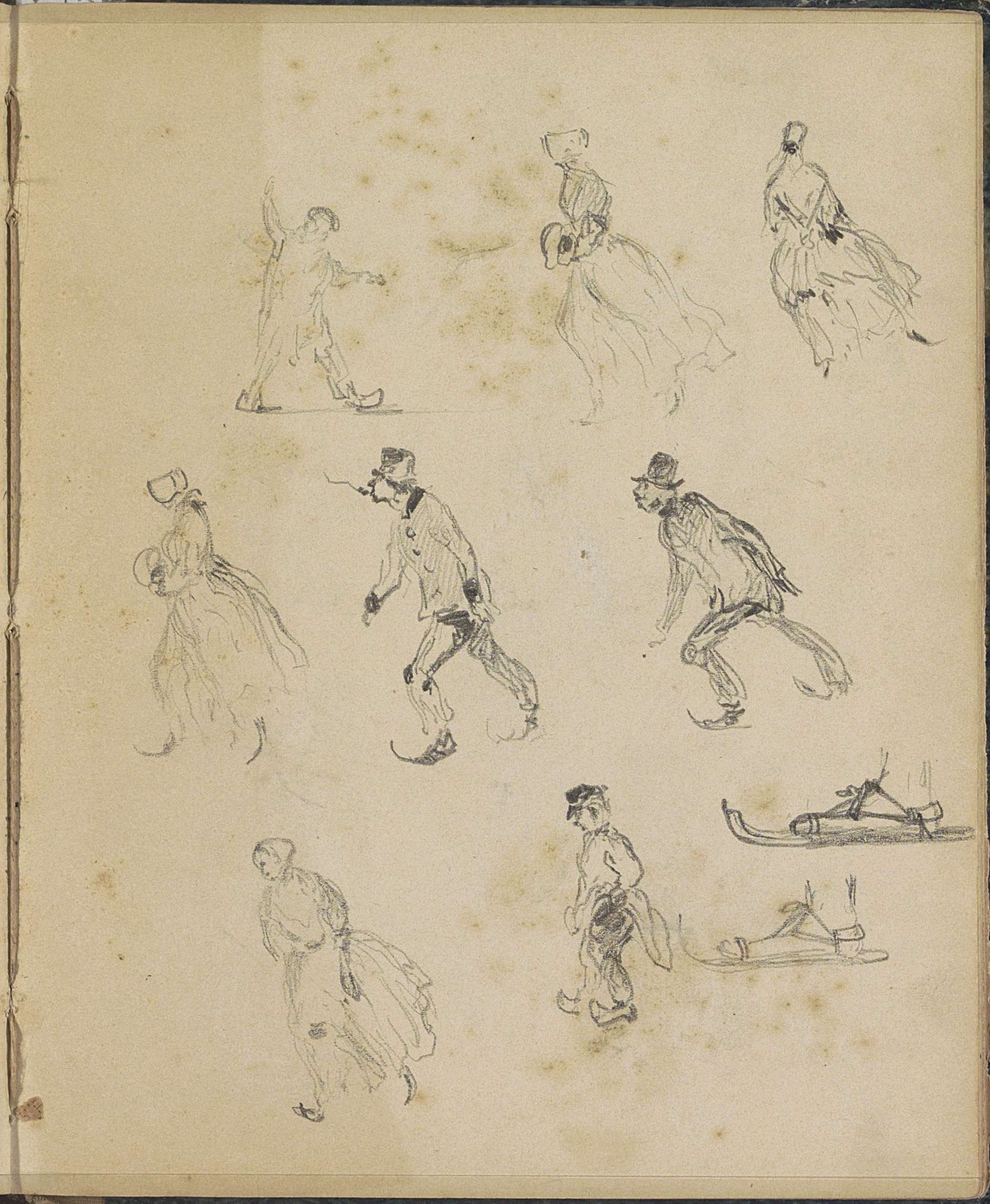 Schaatsende mannen en vrouwen en slees by Johannes Tavenraat