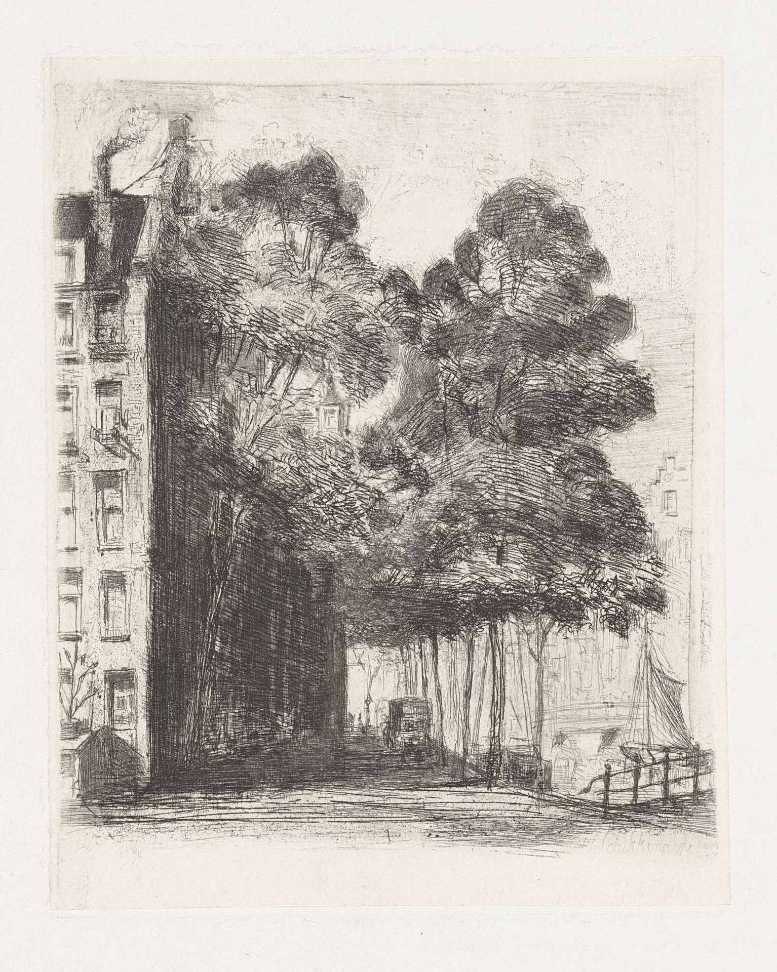 Gezicht op een hoekhuis aan een gracht in Amsterdam by Frans Schikkinger