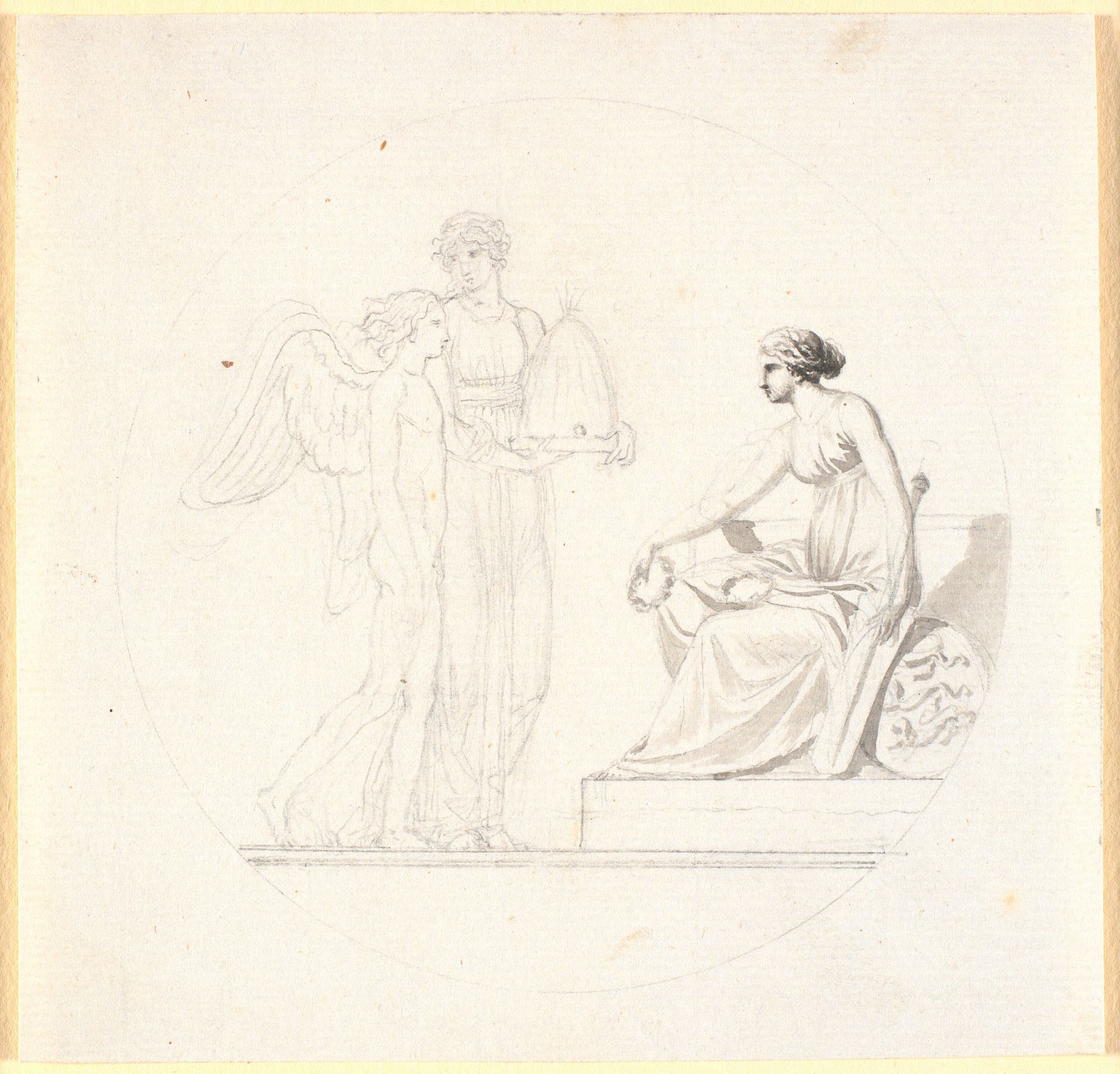 En ung kvinde med en bikube fører en vinget ung mand hen mod en siddende kvindefigur by Nicolai Abildgaard