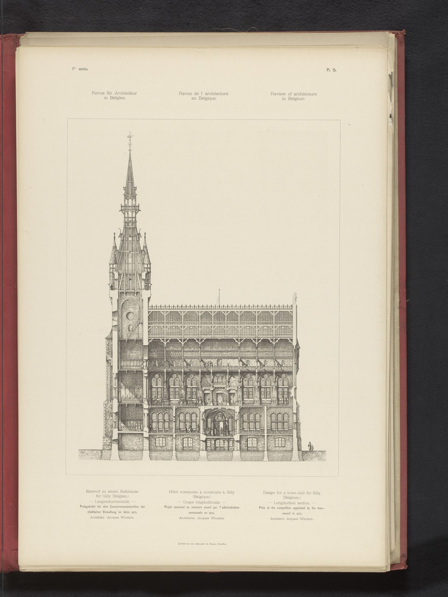 Reproductie van een ontwerp van een langsdoorsnede van een stadhuis voor Gilly, België, door Jean-Jacques Winders by Römmler & Jonas