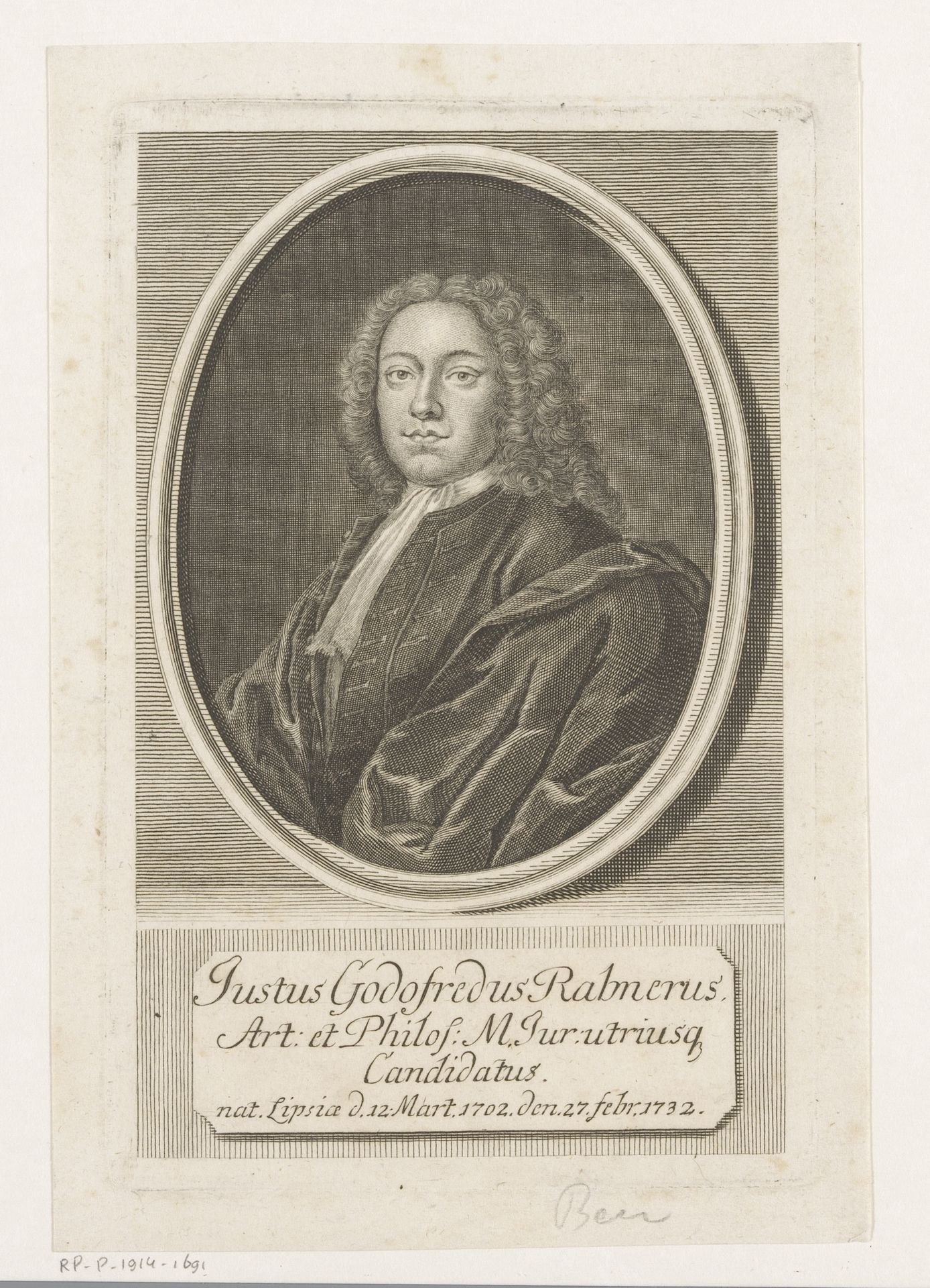 Portret van Justus Gottfried Rabener by Martin Bernigeroth