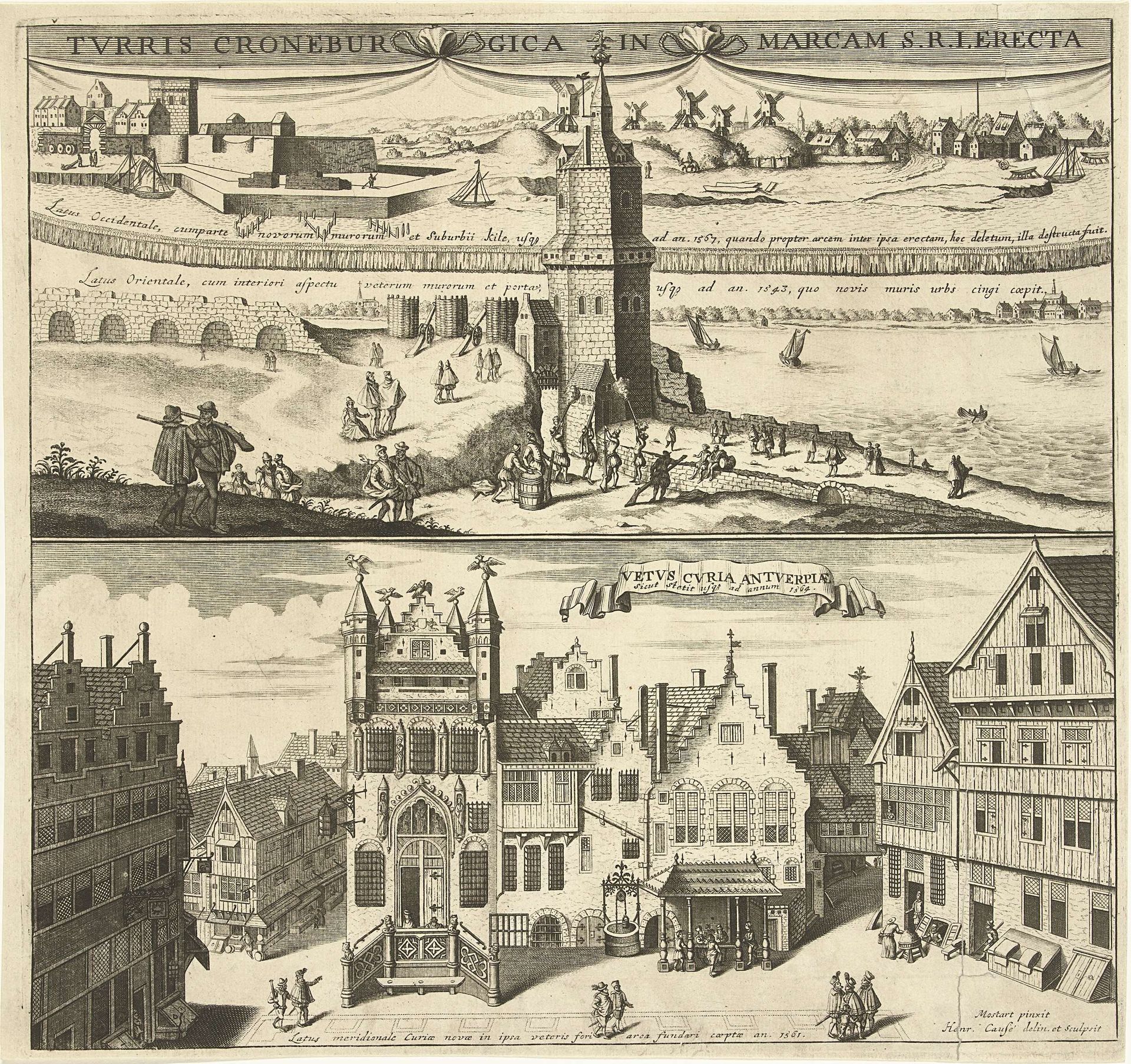 Gezicht op de Kroonenburg en het Oude stadhuis van Antwerpen by Hendrik Causé