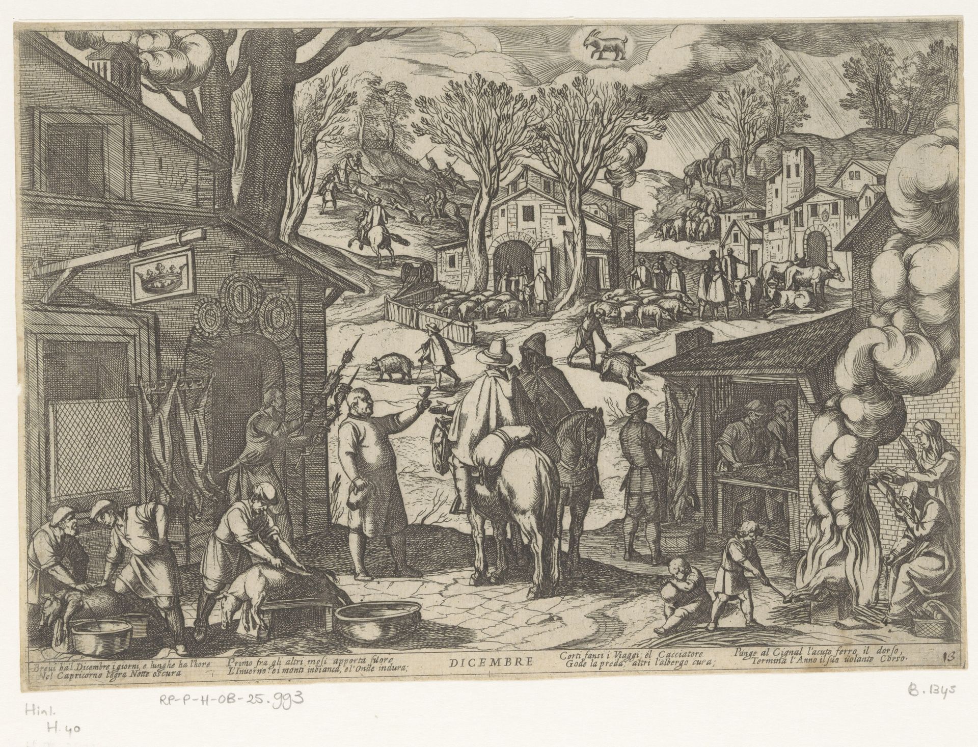 December: dorpsscène met herberg (steenbok) by Antonio Tempesta