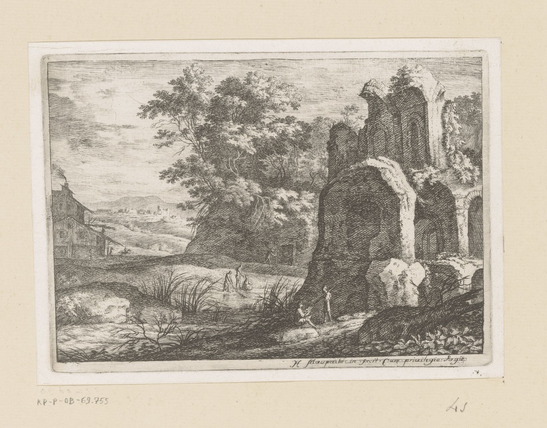 Landschap met ruïnes en tekenaar by Henri Mauperché