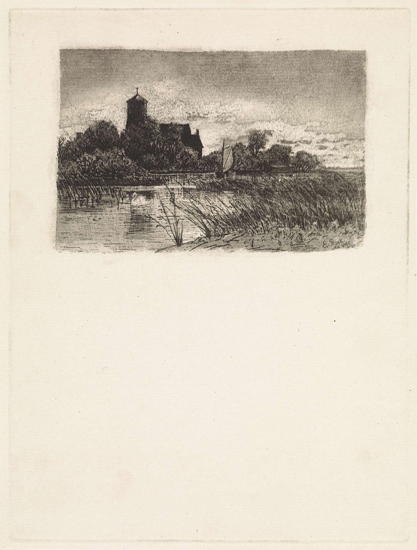 Gezicht op de Sint Urbanuskerk te Bovenkerk met op het water een zeilscheepje by Elias Stark