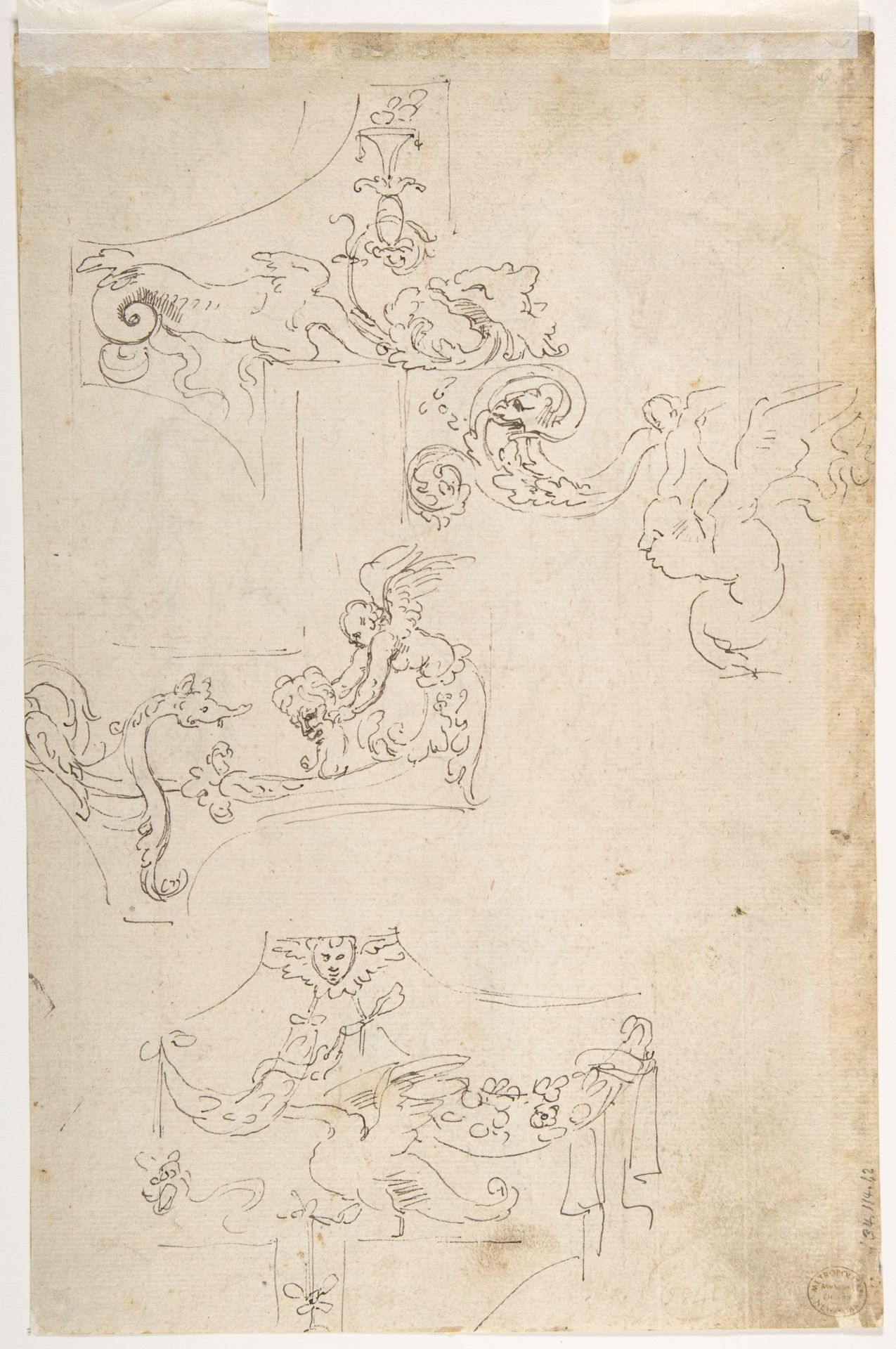 Sheet of Figure Studies, Probably after the Antique (recto); Ornamental Designs (verso) by Girolamo da Carpi (Girolamo Sellari)