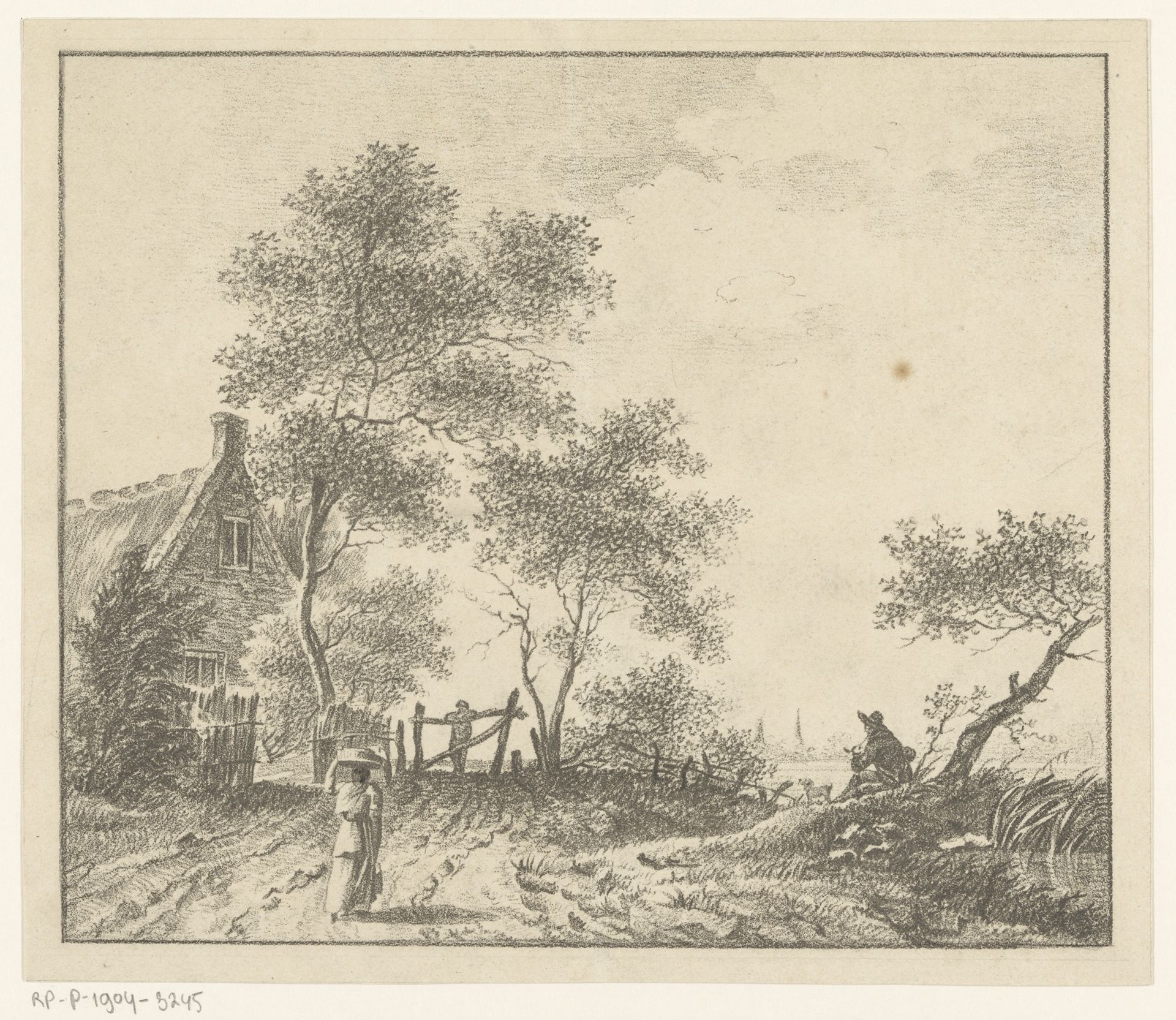 Landschap met vrouw met mand op het hoofd by Barentie Willem Dietz