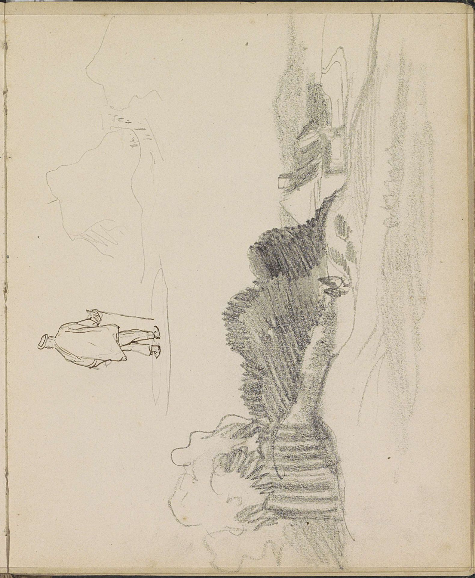 Figuren in een heuvellandschap en een man met een wandelstok by Johannes Tavenraat