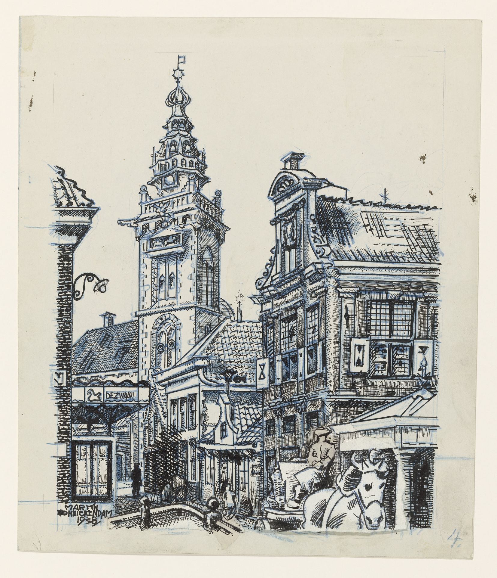Gezicht bij de Dam te Monnickendam op de Speeltoren en Waaggebouw by Martin Monnickendam