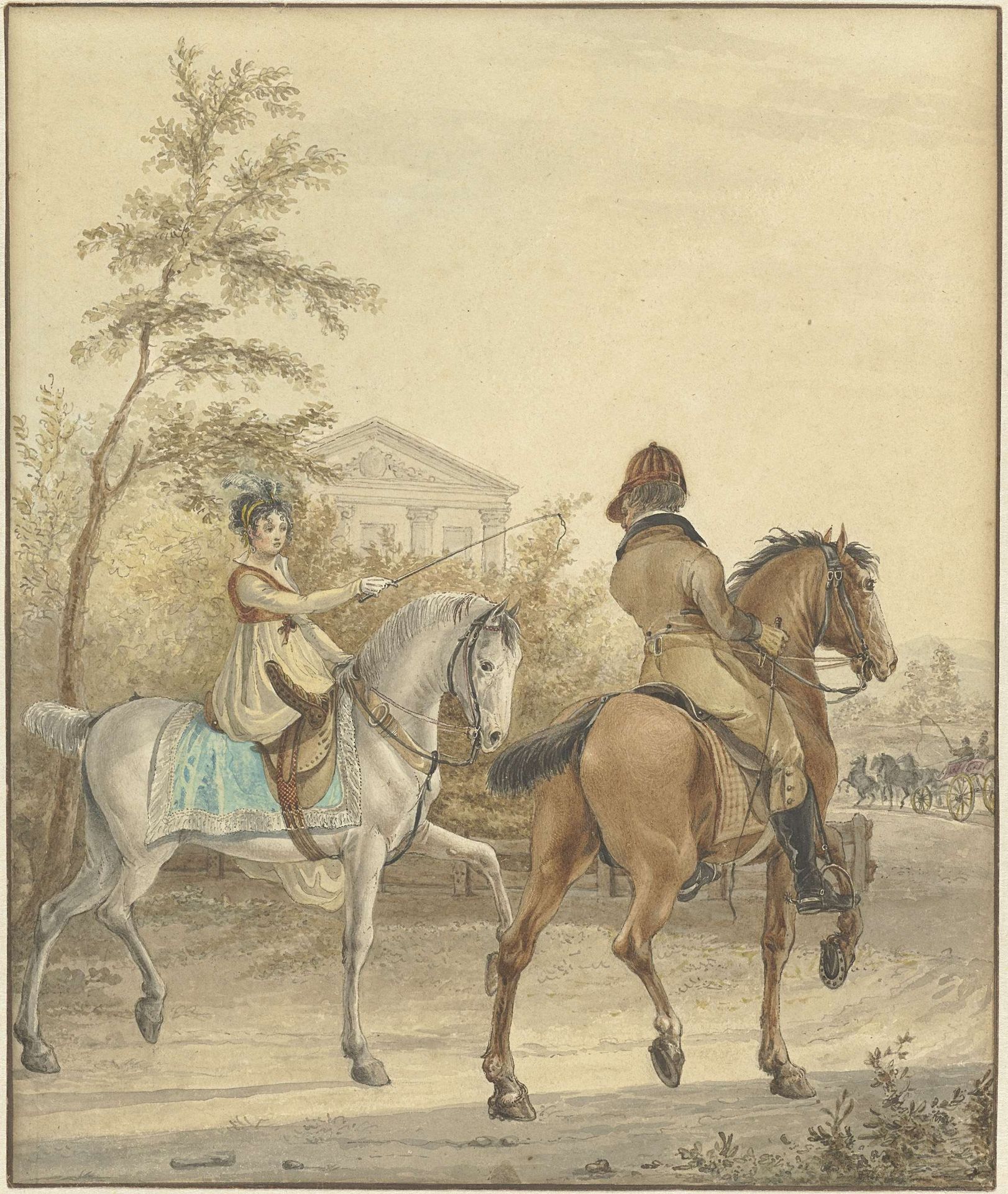 Man en een vrouw te paard op een landweg by Johannes Vinkeles