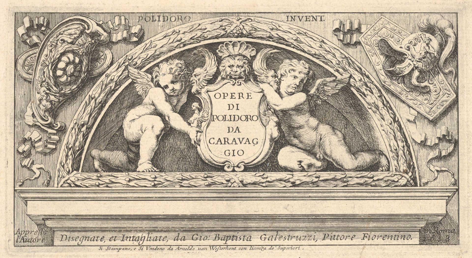 Titeplate to series of prints after Poloidoro,  title on a shield supported by two putti by Giovanni Battista Galestruzzi