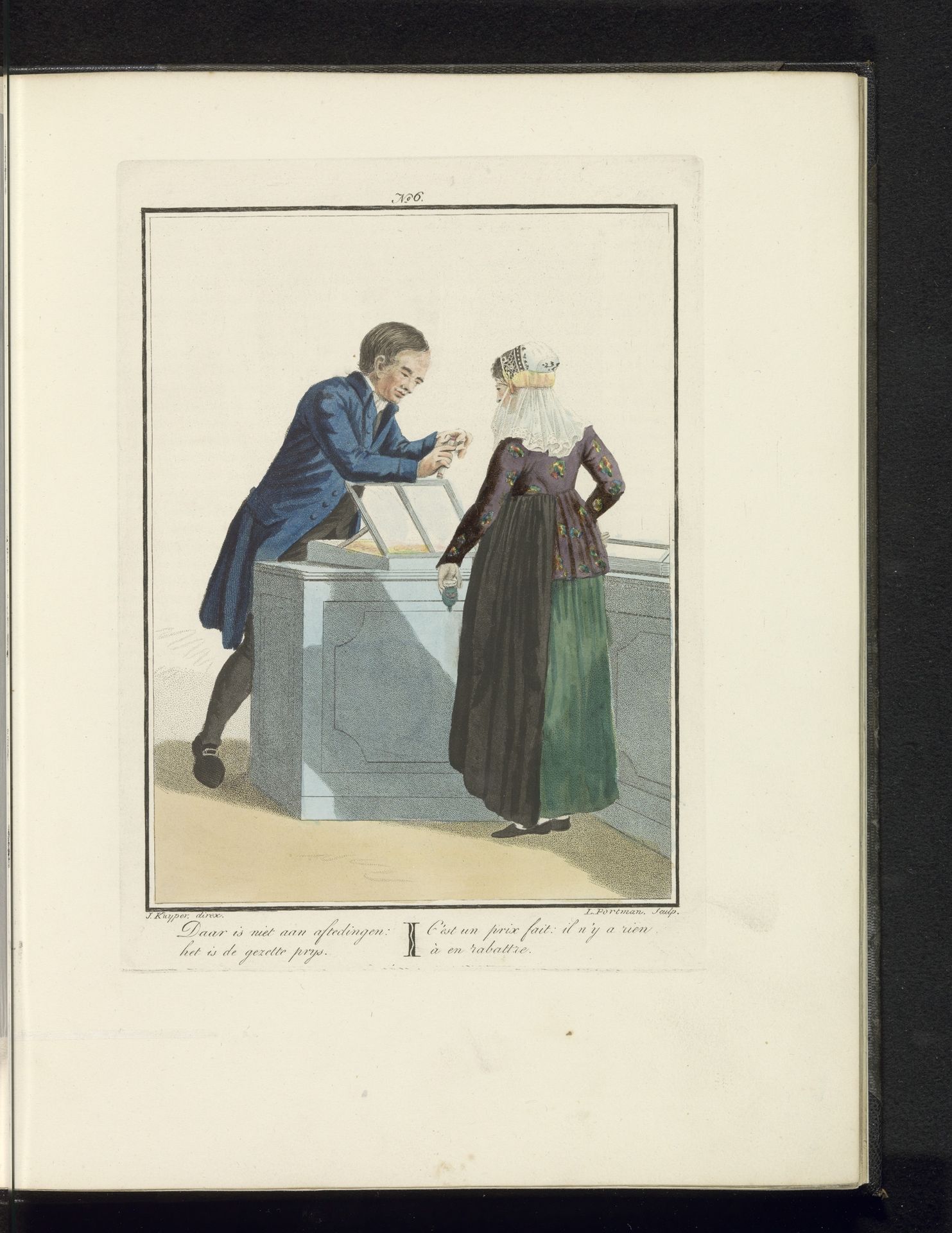 Winkelier van de Evangelische Broedergemeente met een klant by Ludwig Gottlieb Portman