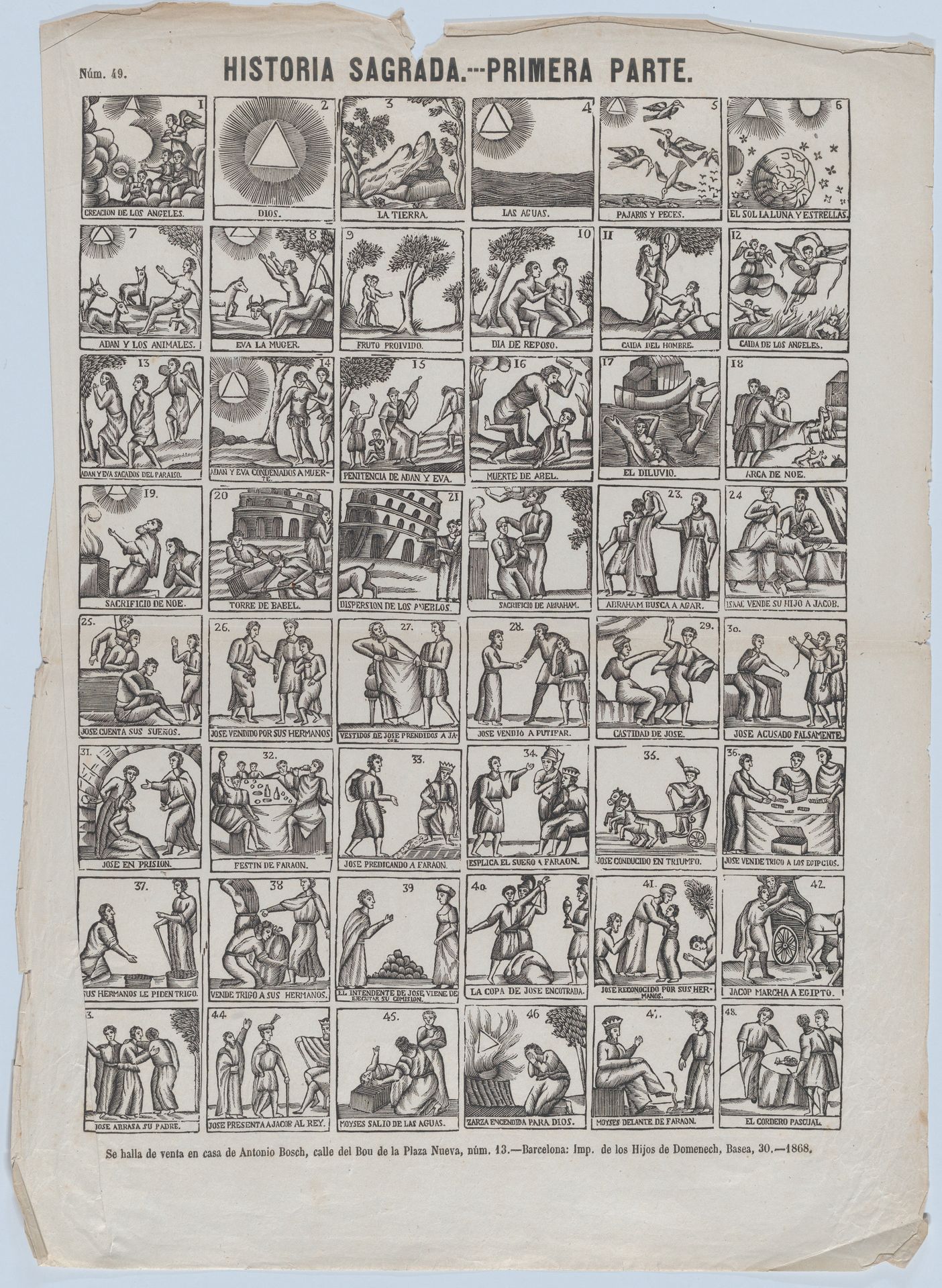 Broadside with 48 scenes illustrating passages of holy scripture (Part I) by Antonio Bosch