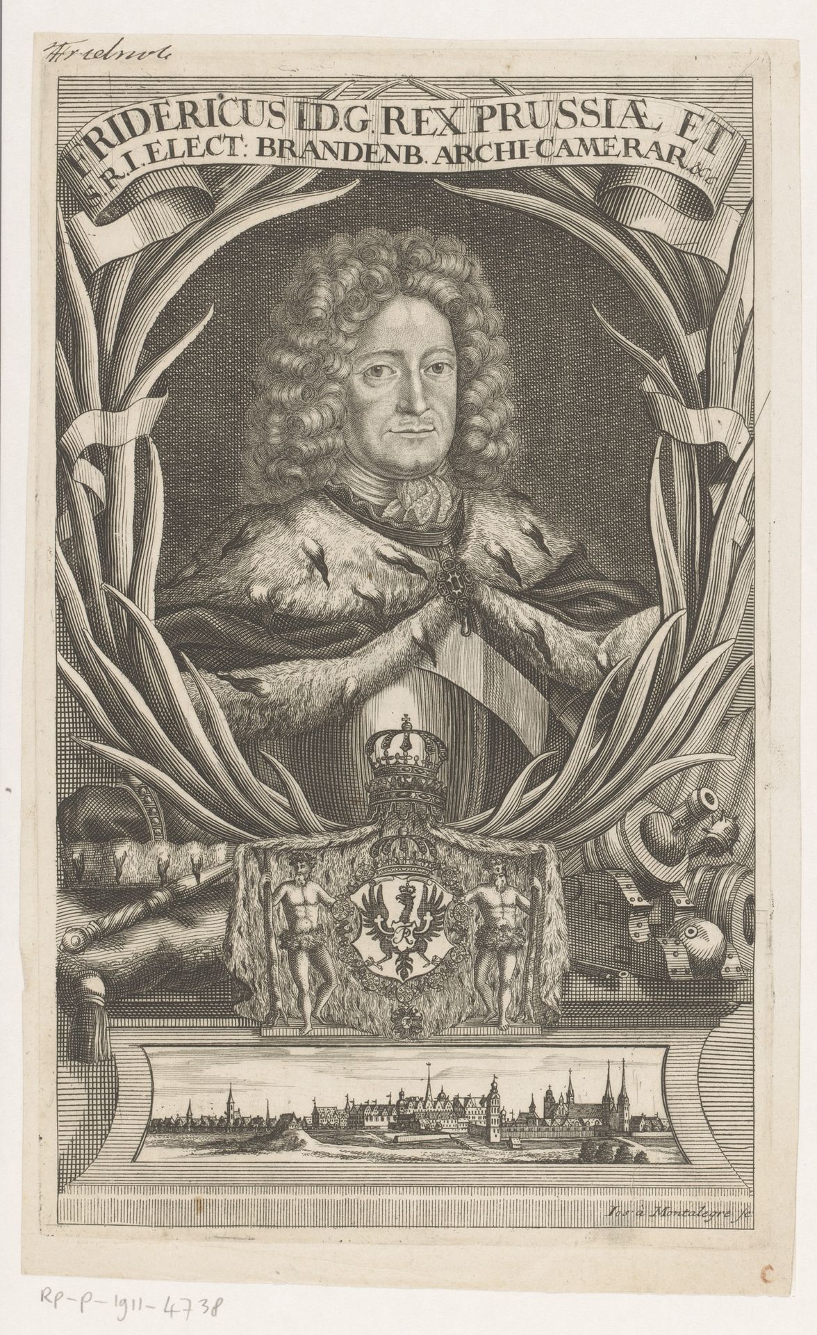 Portret van Frederik I, koning van Pruisen, met stadsgezicht by Joseph de Montalegre