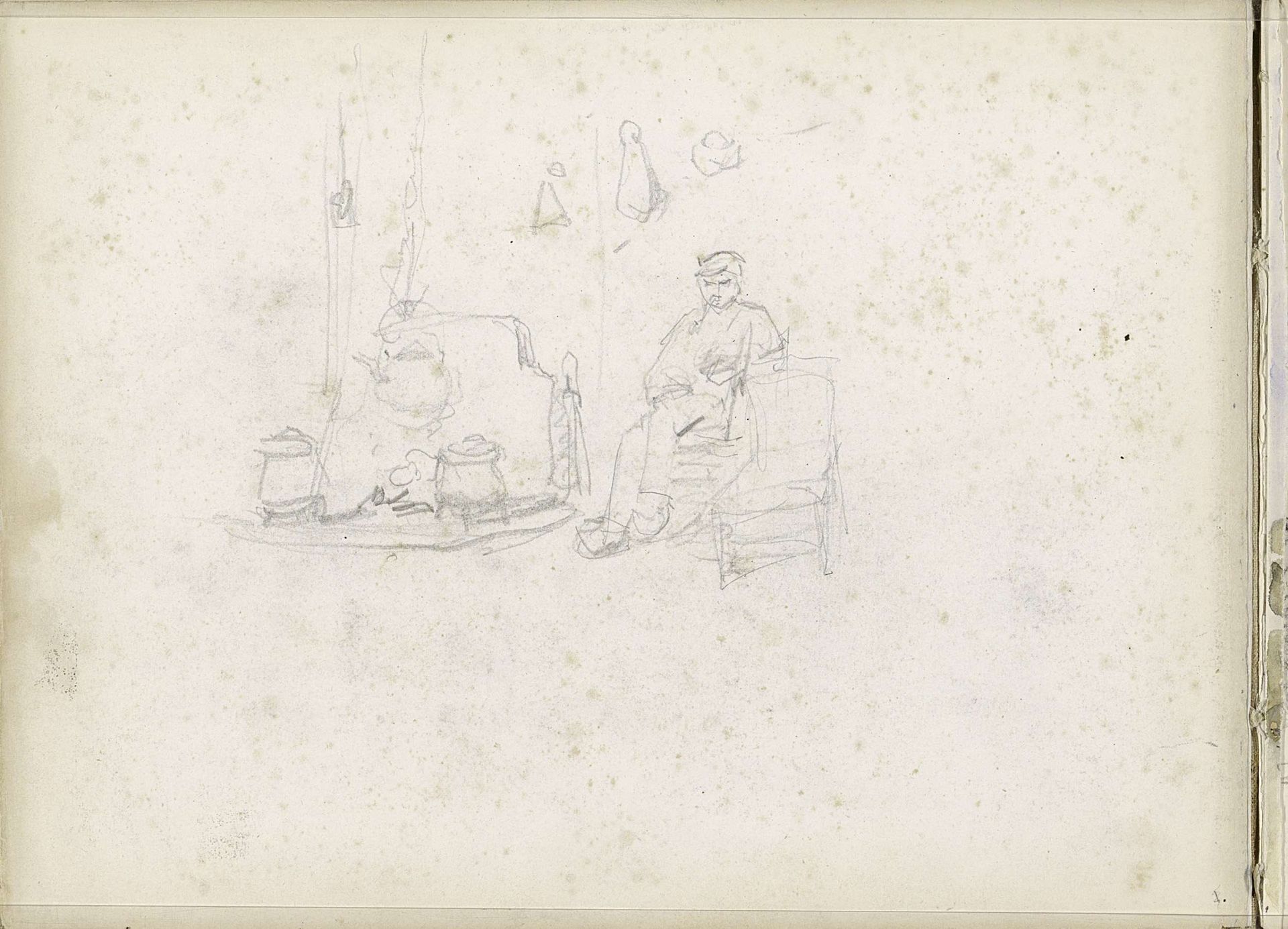 Zittende man bij een kachel in een interieur by Johannes Bosboom