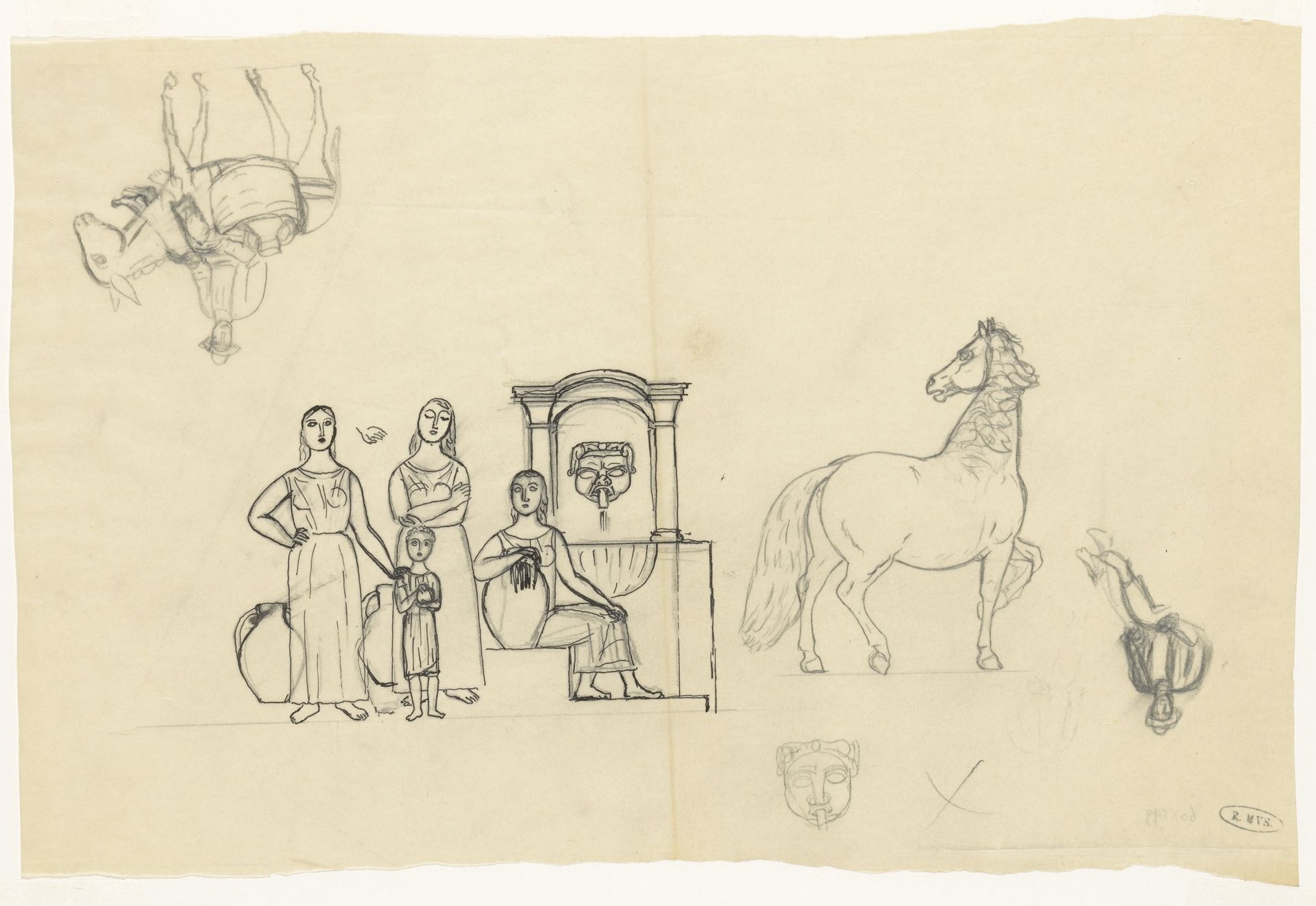 Studieblad met vier personen bij een waterbron, een man op een ezel en een paard by Leo Gestel