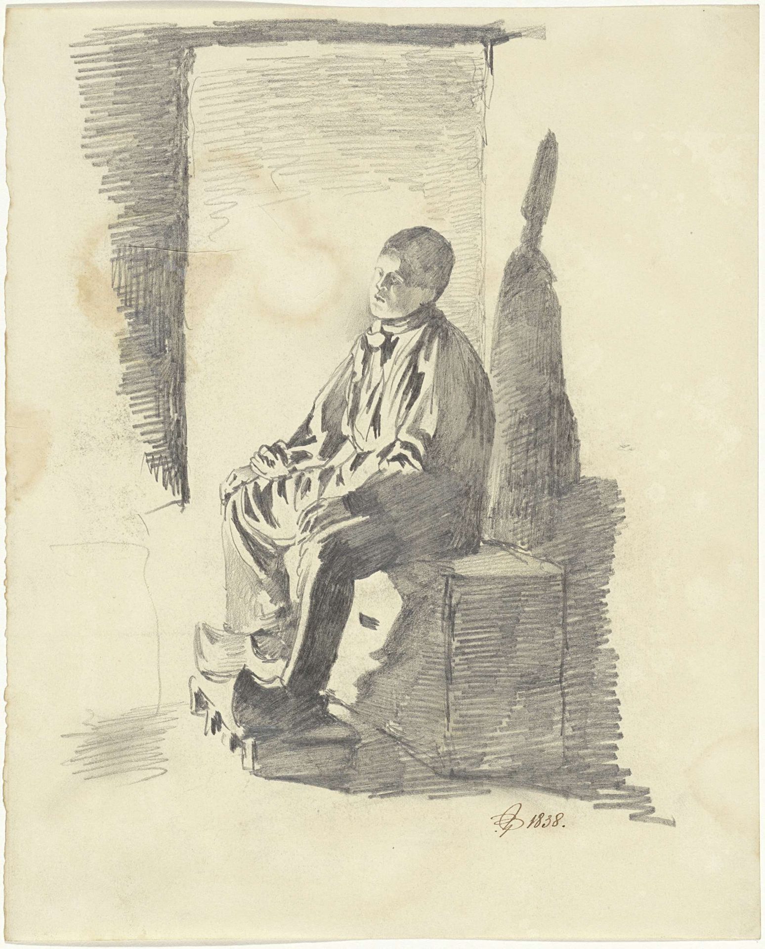 Zittende jongen, in interieur by Pieter van Loon