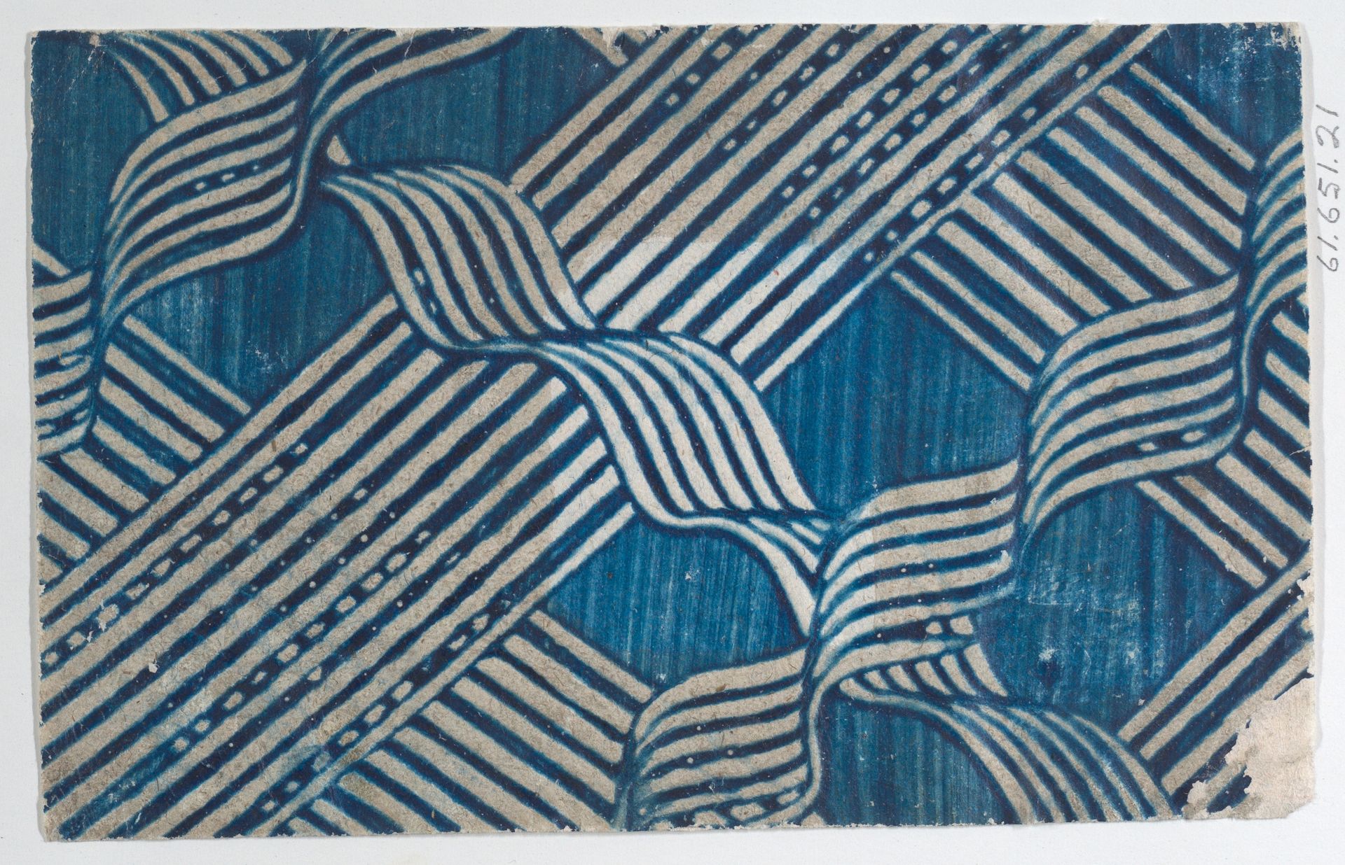 Blue paste paper with stripe and ribbon pattern by Anonymous