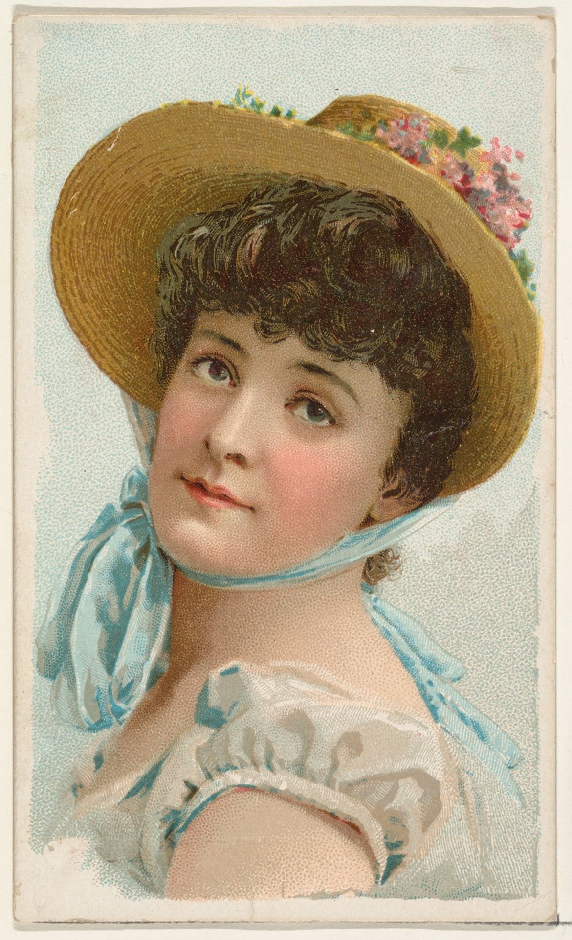 Actress wearing straw bonnet tied with blue ribbon, from Stars of the Stage, First Series (N129) issued by W. Duke, Sons & Co. to promote Honest Long Cut Tobacco by W. Duke, Sons & Co.