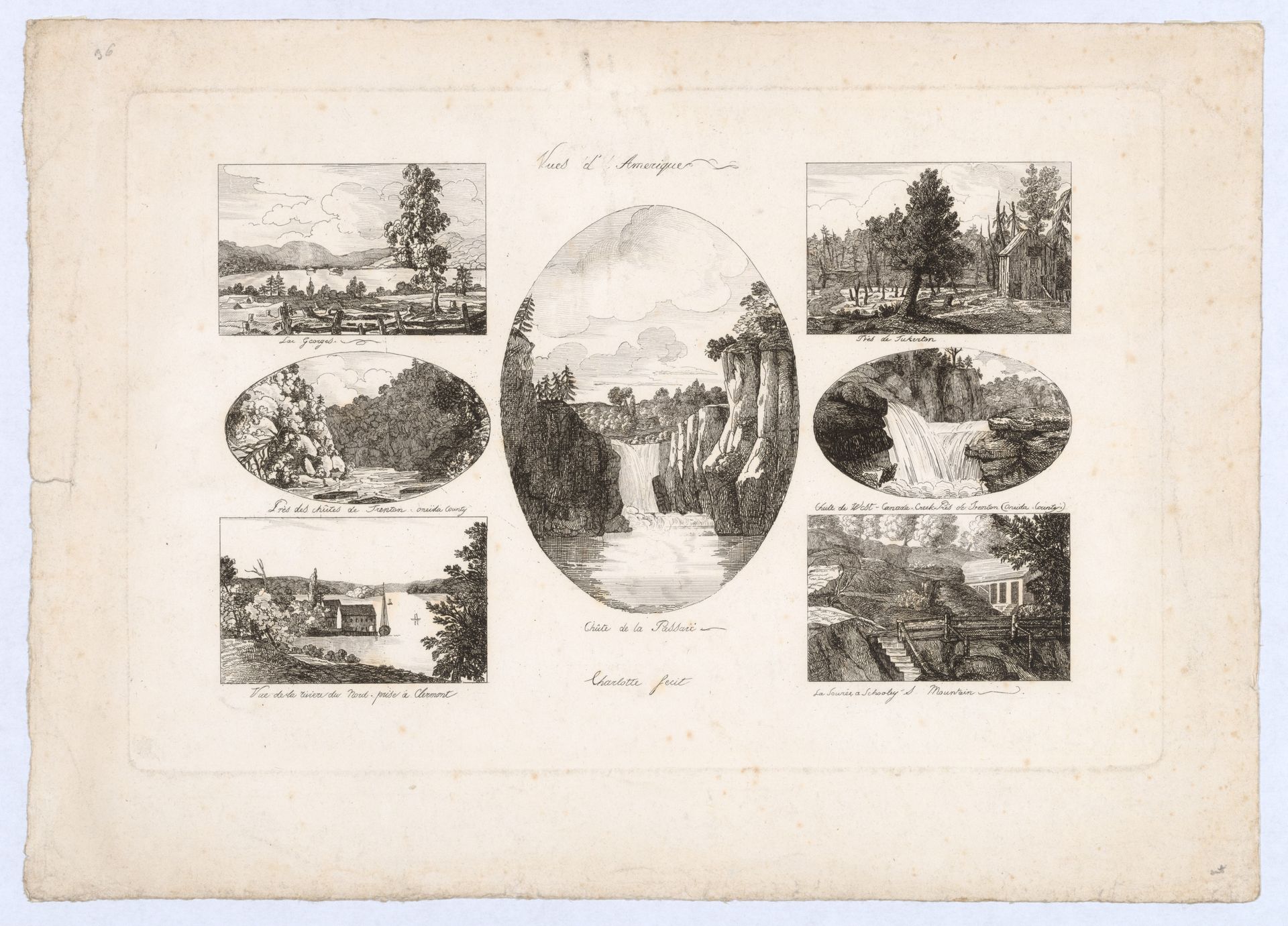 Vues d'Amerique: Lac Georges; Près des chûtes de Trenton, Oneida County; Vue de la rivière du Nord, prise à Clermont; Chûte de la Passaic; Près de Tuckerton; Chûte de West Canada Creek, près de Trenton, Oneida County; La Source à Schooley's Mountain by Charlotte Bonaparte