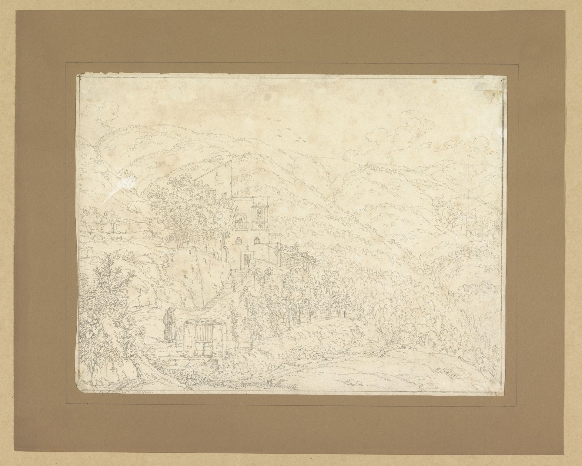 Berglandschap met gebouw, met op de voorgrond een passant by Christoph Heinrich Kniep