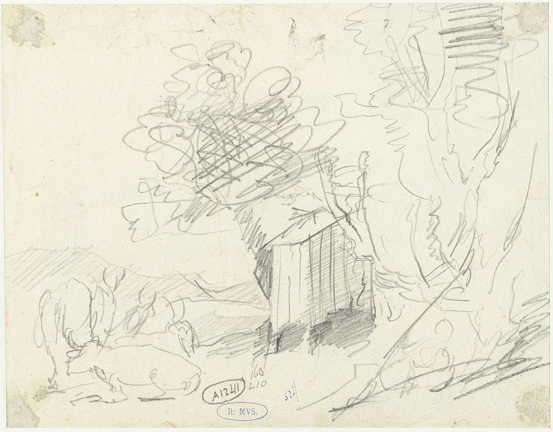 Schetsen van bomen, vee en een hut by Gerard ter (II) Borch