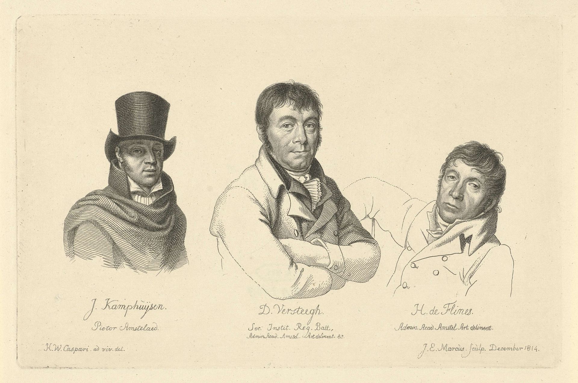 Portretten van Jan Kamphuysen, Dirk Versteegh en Hendrik de Flines by Jacob Ernst Marcus