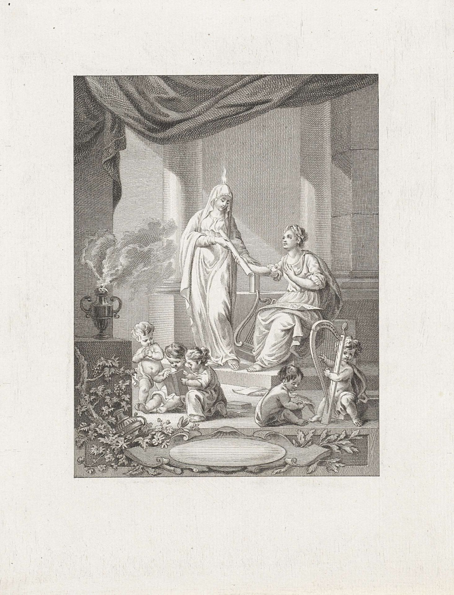Allegorische voorstelling met twee personificaties en vijf lezende putti by Reinier Vinkeles