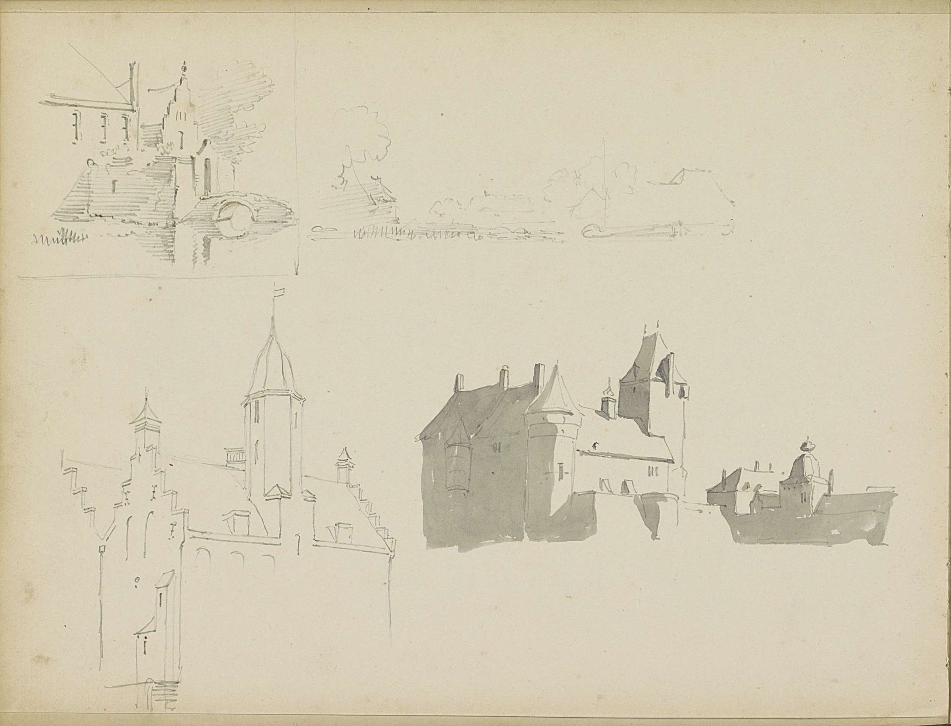 Studieblad met gebouwen by Adrianus Eversen