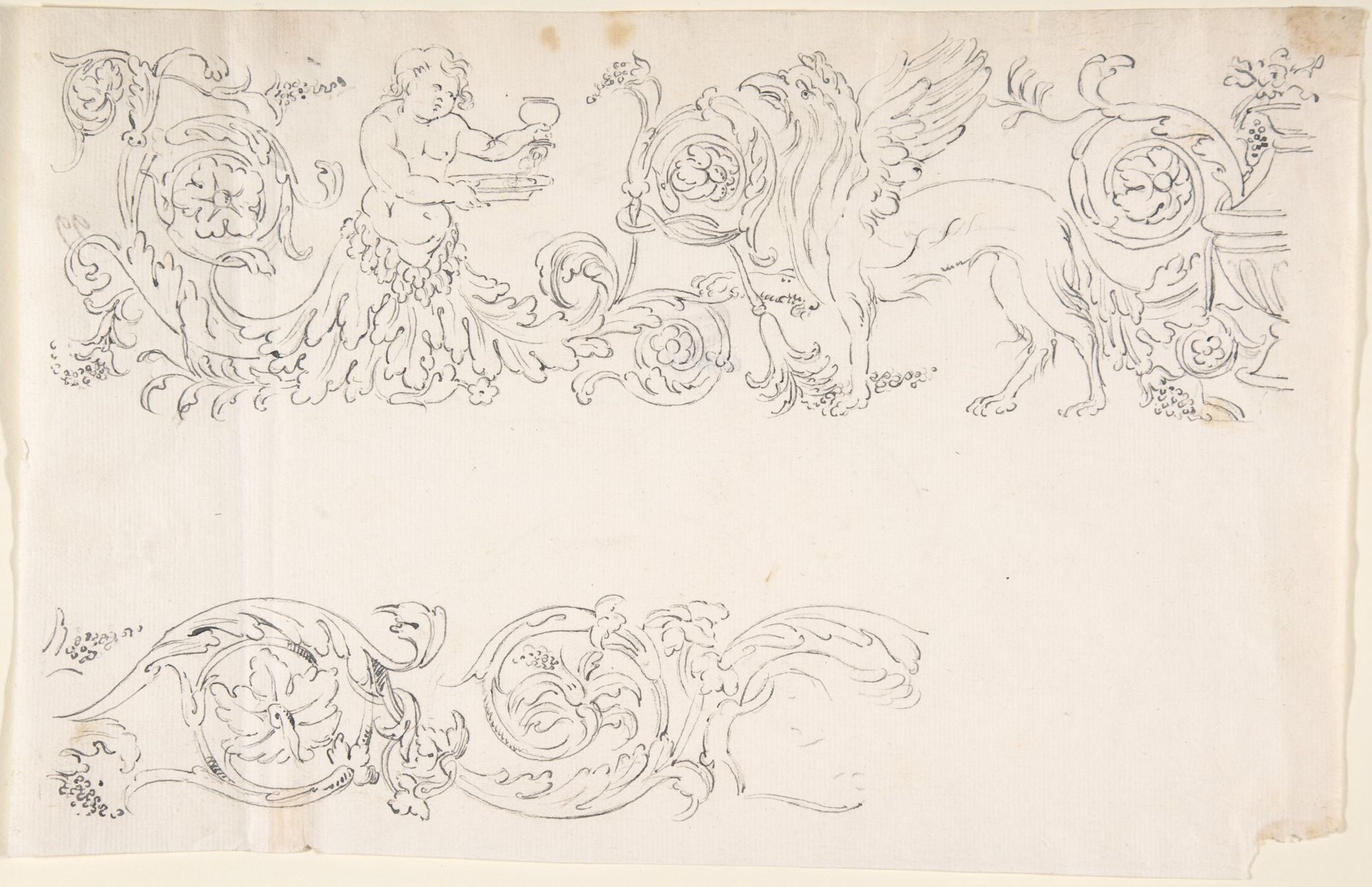 Designs for Decorative Borders with Floral Ornamentation and a Putto and Griffin by Anonymous