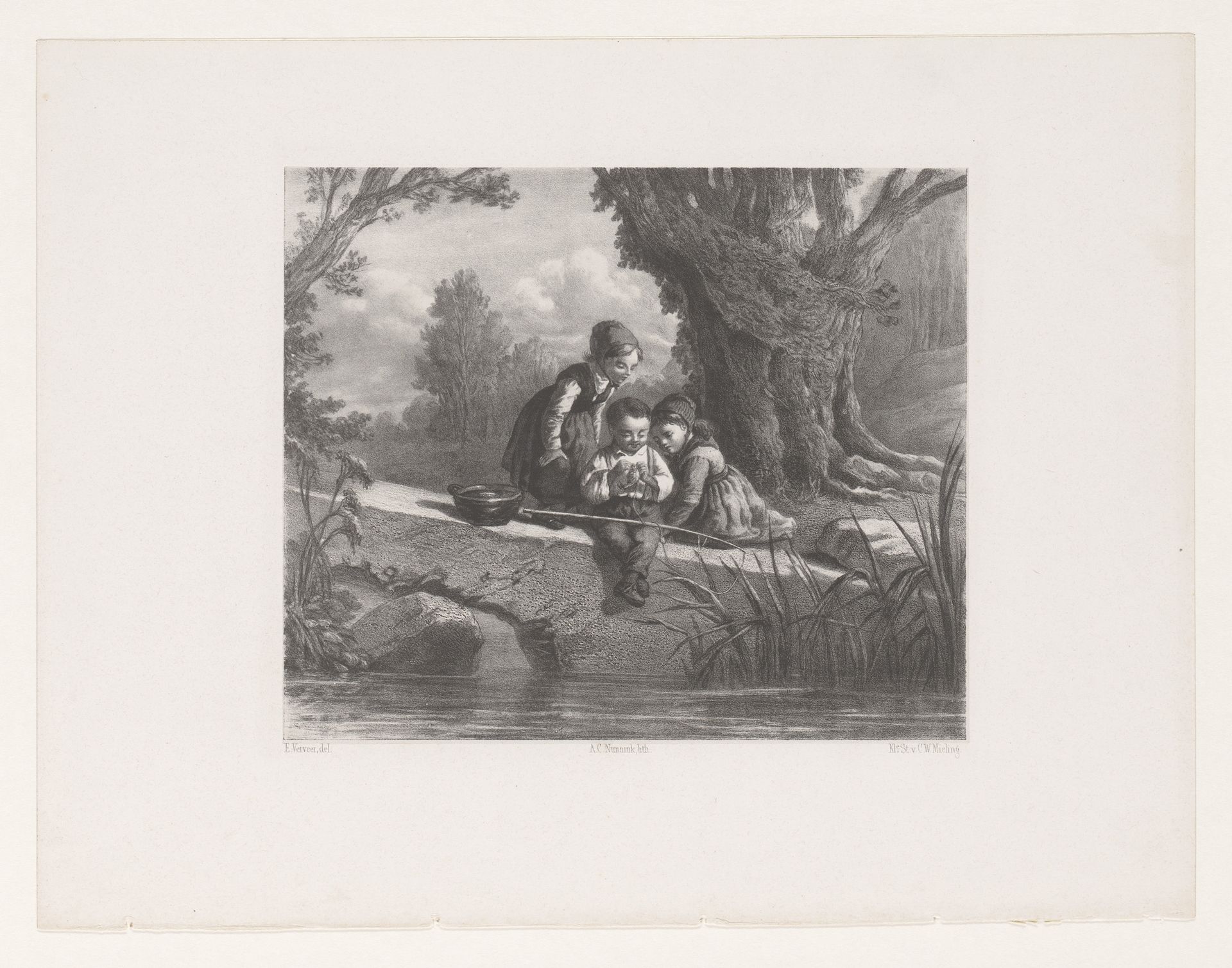 Kinderen met hengel by Adolf Carel Nunnink