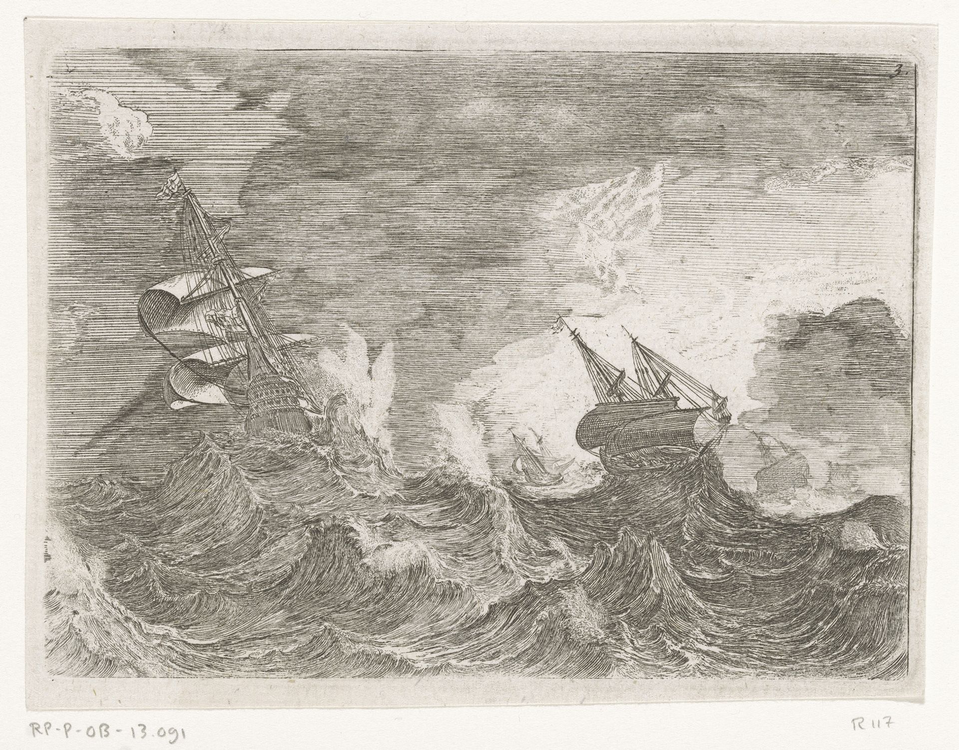Vijf zeilschepen op zee tijdens een storm by Johann Wilhelm Baur