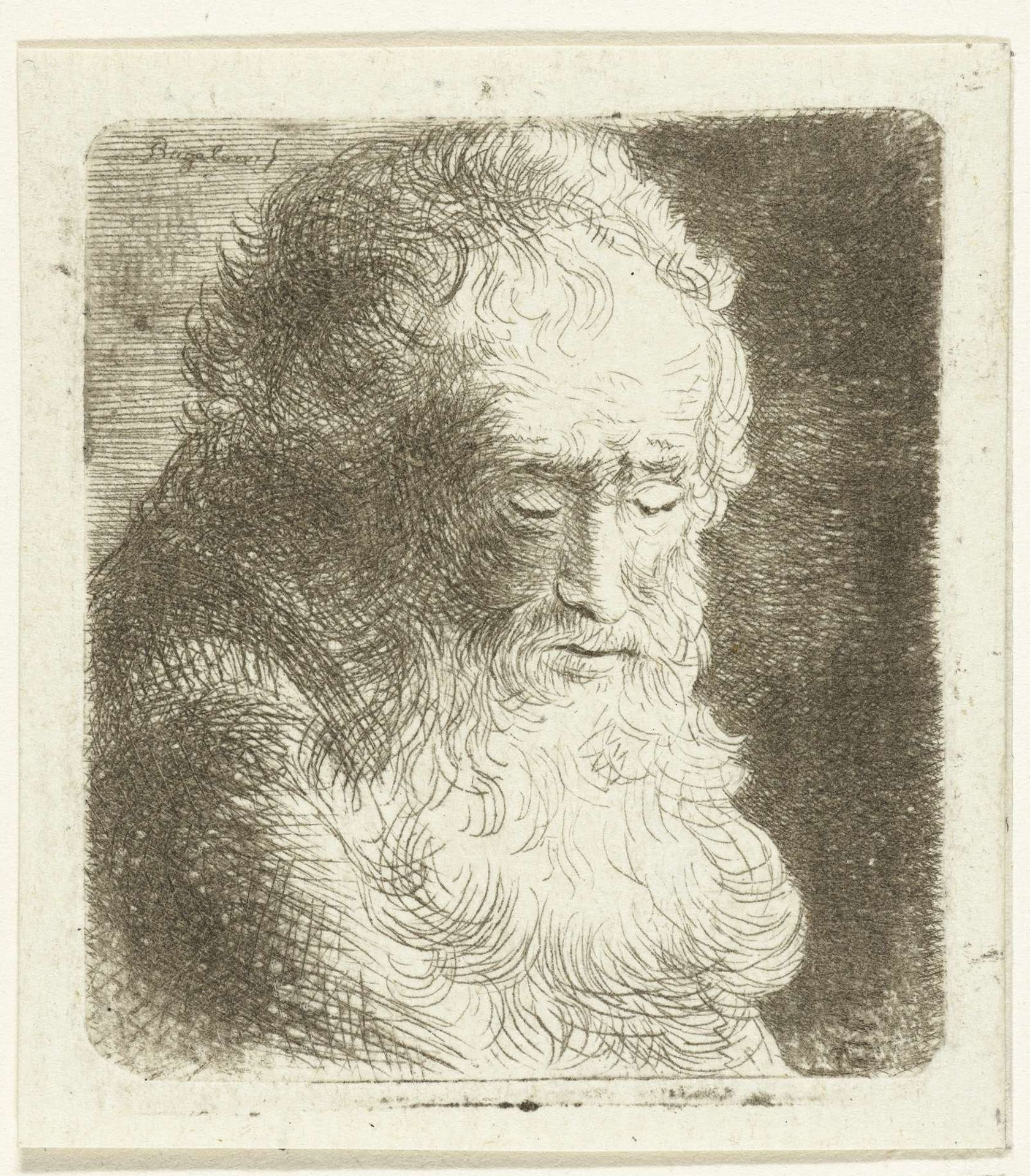 Oude man met baard met de blik naar beneden gericht: driekwart, naar rechts by Ernst Willem Jan Bagelaar