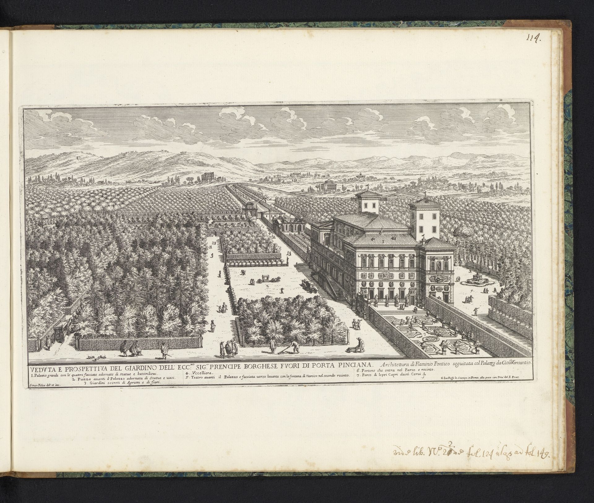 Gezicht op Villa Borghese met de Villa Borghese Pinciana te Rome by Giovanni Battista Falda