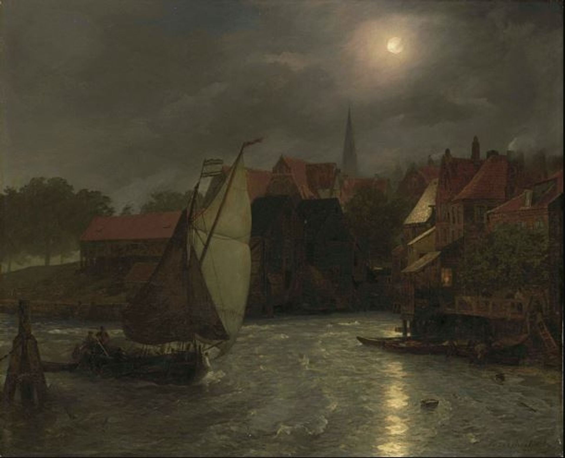 Boats on a Canal, Moonlight by Andreas Achenbach