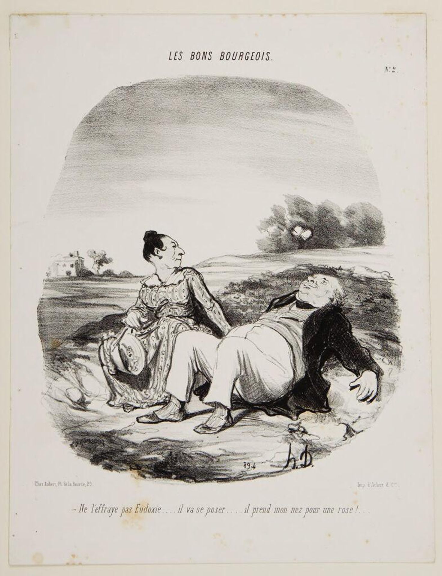 "Don't startle him, Eudoxie...he's about to land...he takes my nose for a rose!" by Honoré Daumier