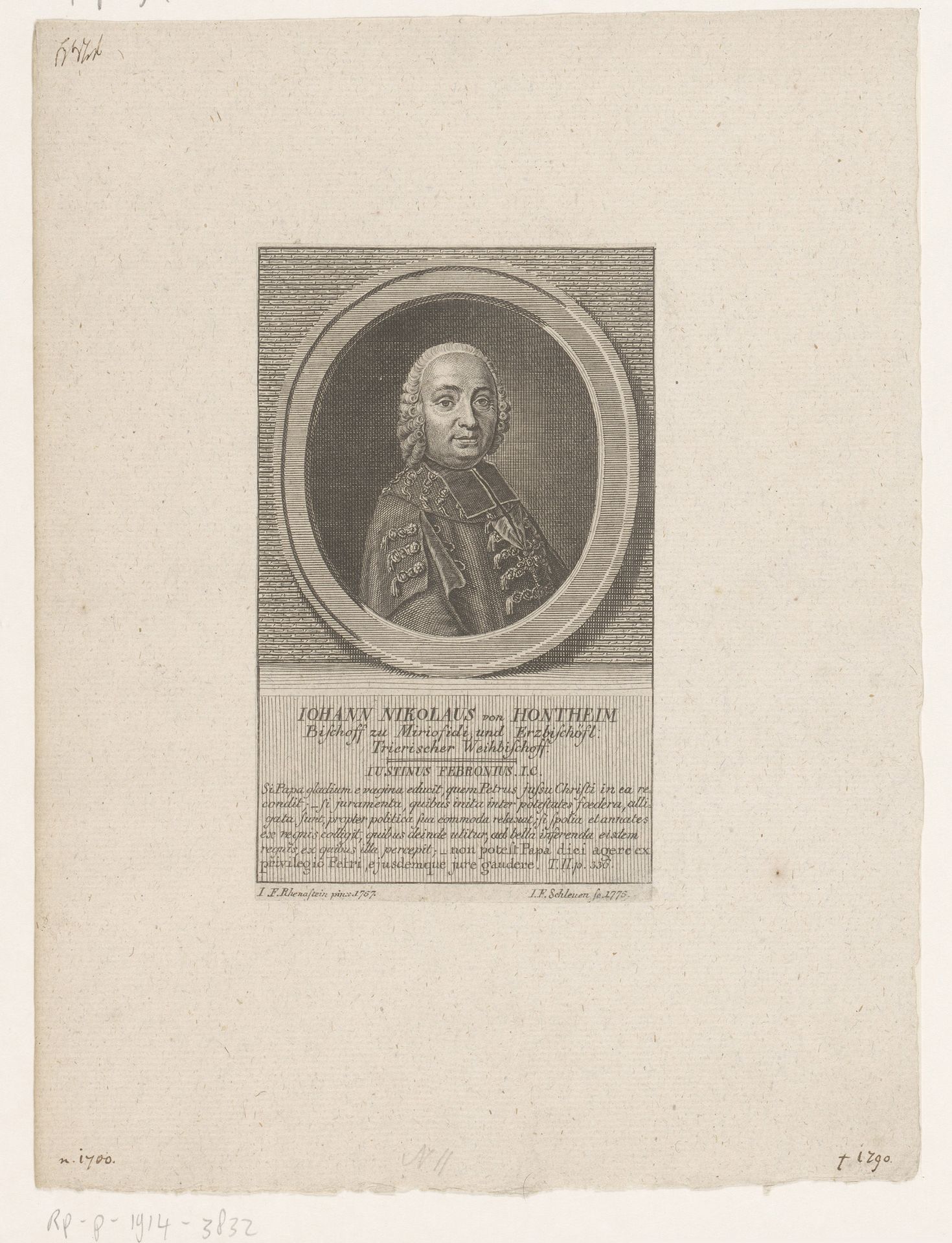 Portret van Nikolaus von Hontheim by Johann Friedrich Schleuen