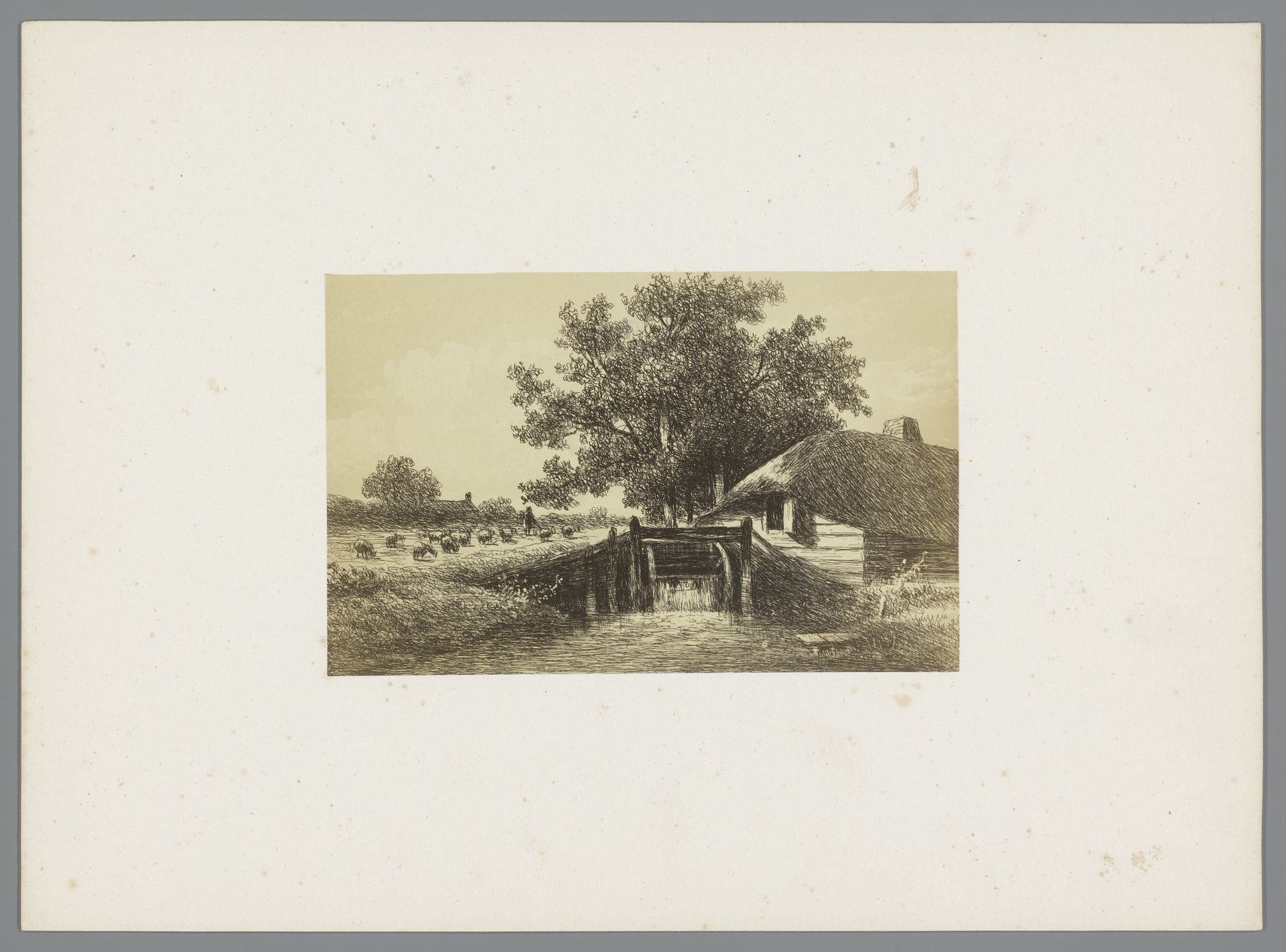 Fotoreproductie van een prent van een dam bij een boerderij naar Johannes Pieter van Wisselingh by Anonymous