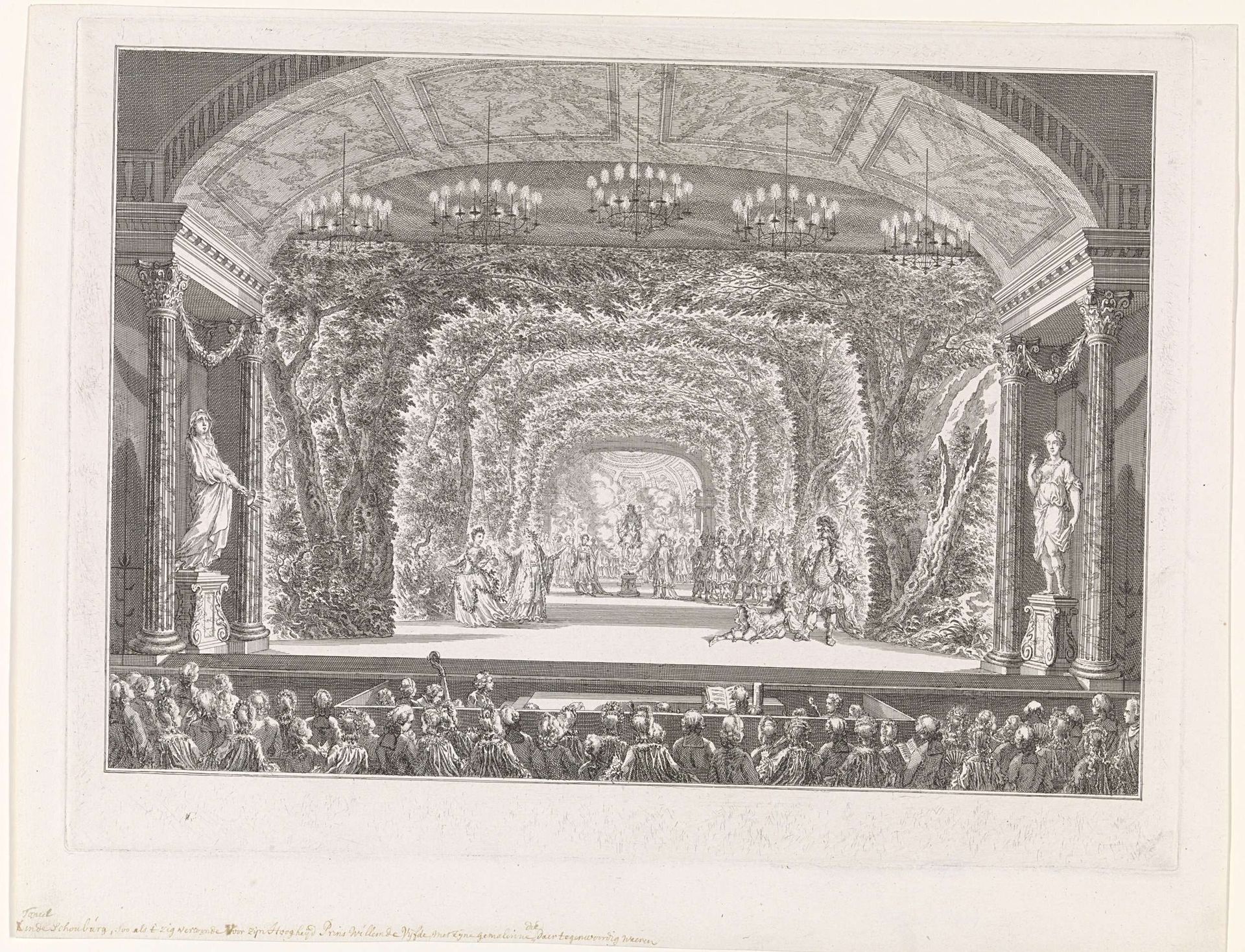 Toneelvoorstelling in de Amsterdamse Schouwburg voor het prinselijk paar, 1768 by Simon Fokke
