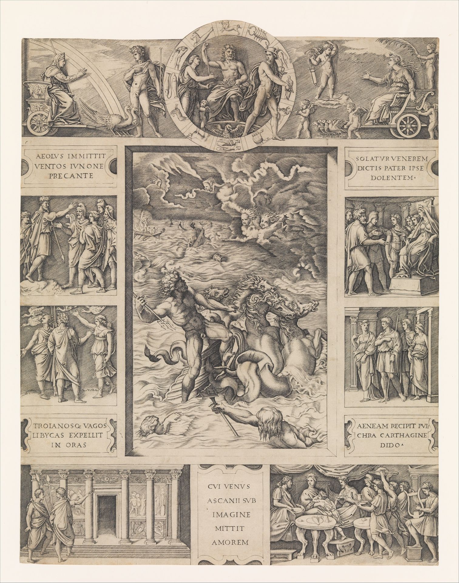 Neptune calming the tempest which Aeolus raised against Aeneas' fleet from Book I of the Aeneid by Marcantonio Raimondi