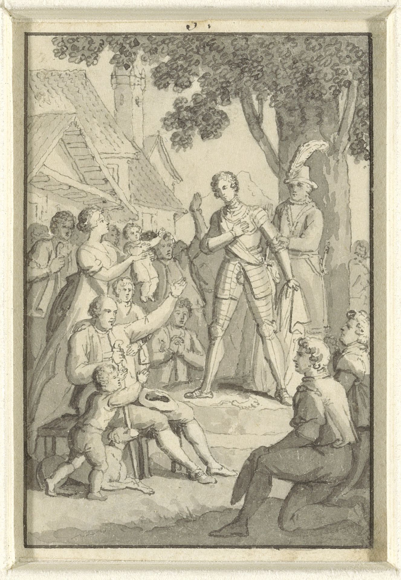 Held in een harnas temidden van dorpelingen by Sigmund Ferdinand Ritter von Perger