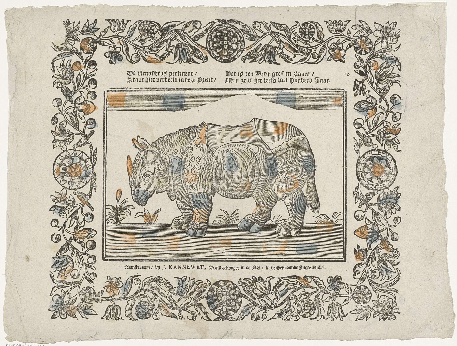 De renosseros pertinent / Staat hier verbeeld in deze prent / Het is een beest grof en zwaar / Men zegt het leefd wel honderd jaar by Johannes (II) Kannewet