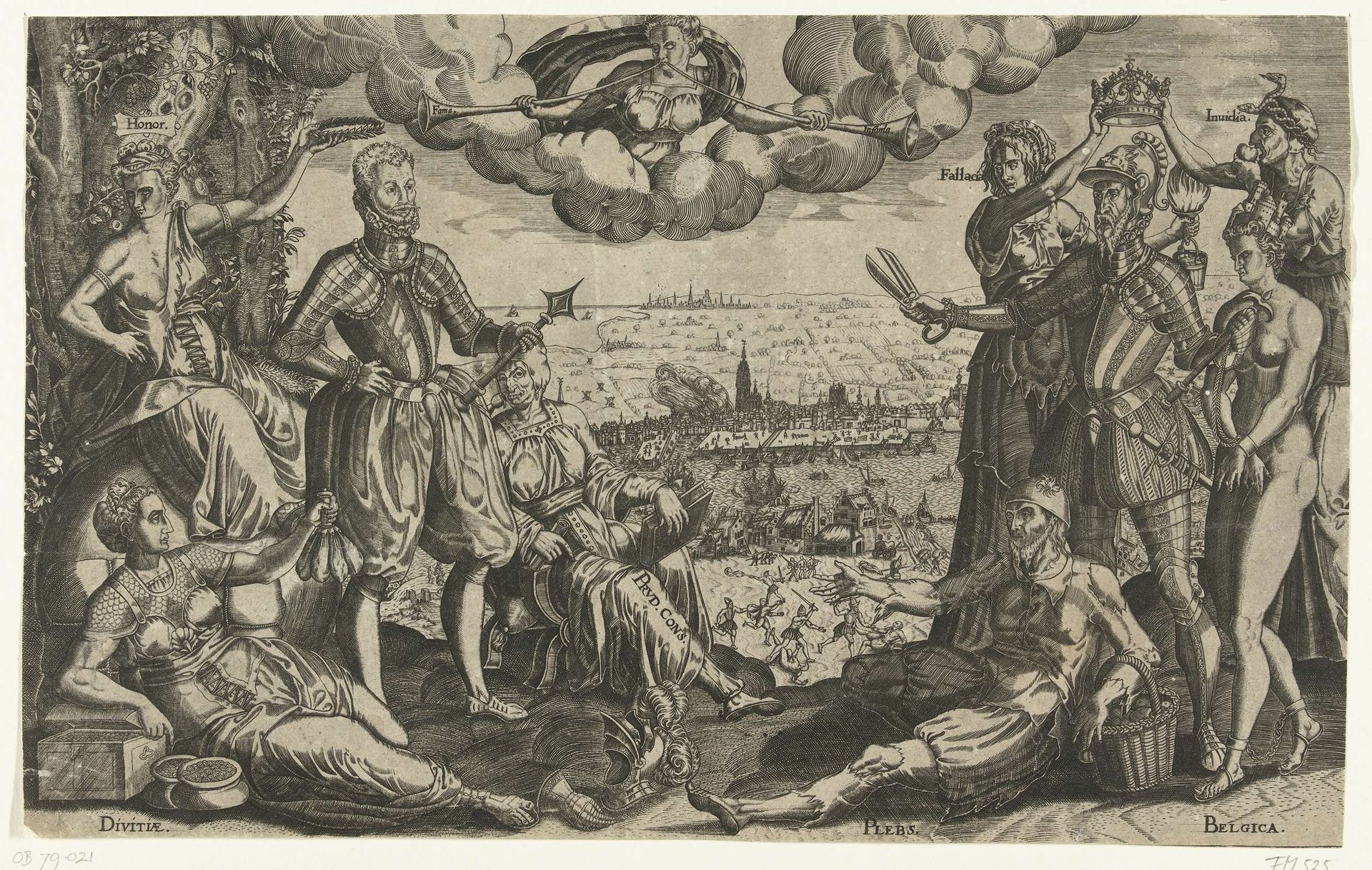 Vergelijking tussen Oranje en Alva, met op de achtergrond de Spaanse Furie, ca. 1577 by Theodor de Bry