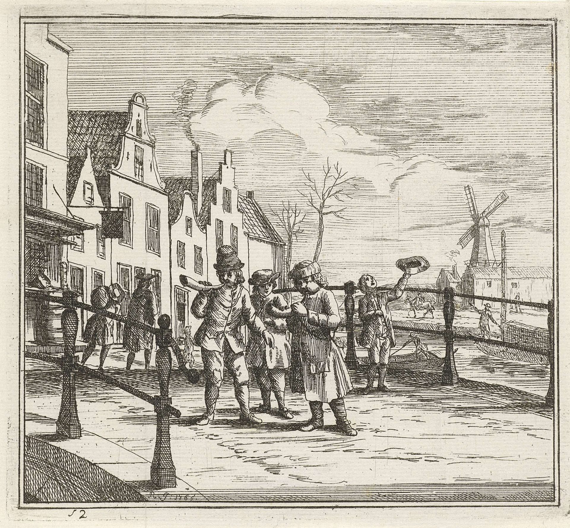 Stadsgezicht met hoornblazers op brug by Rienk Jelgerhuis