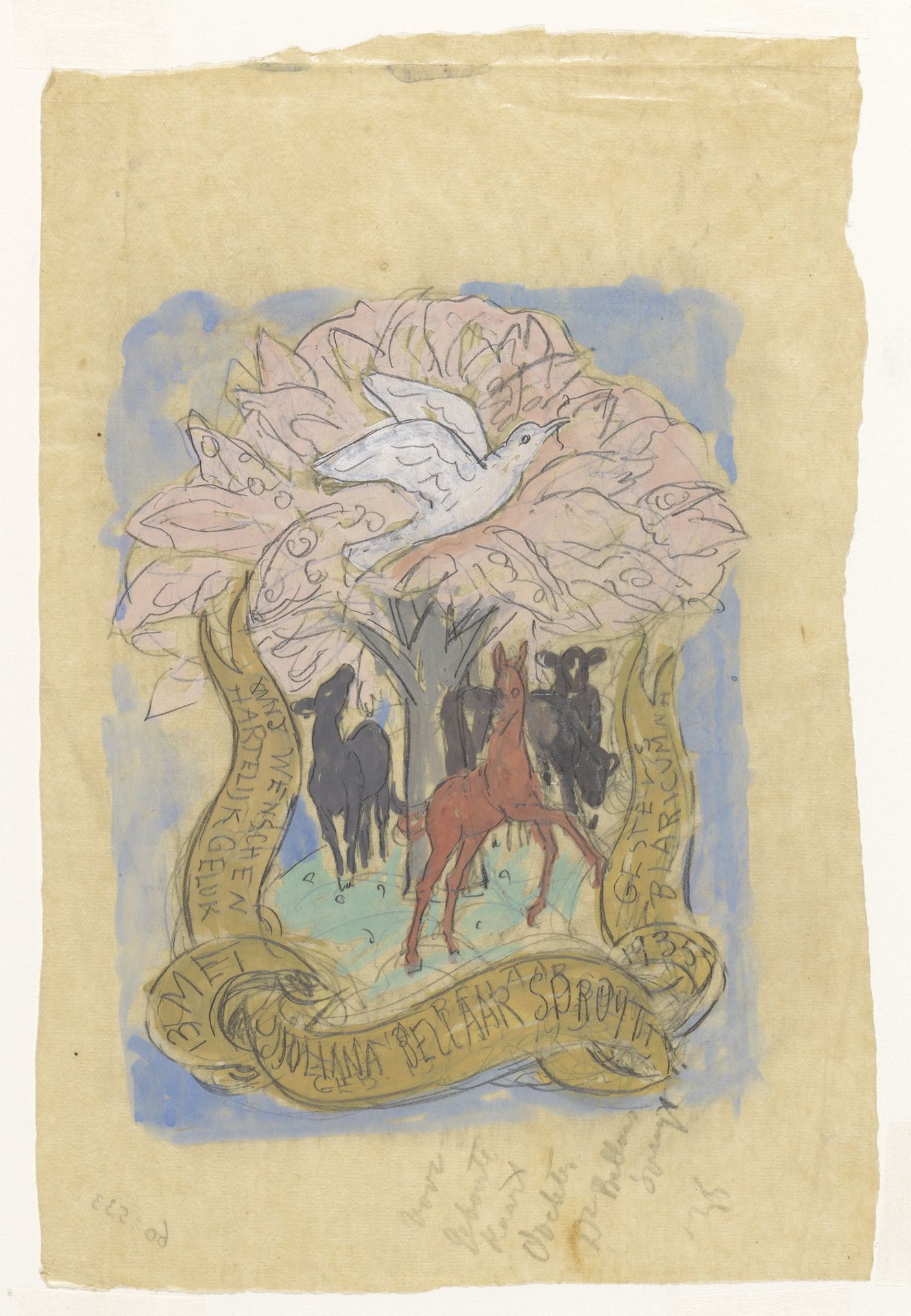 Ontwerptekening voor een gelukwens bij de geboorte van Juliana Bellaar Spruyt by Leo Gestel
