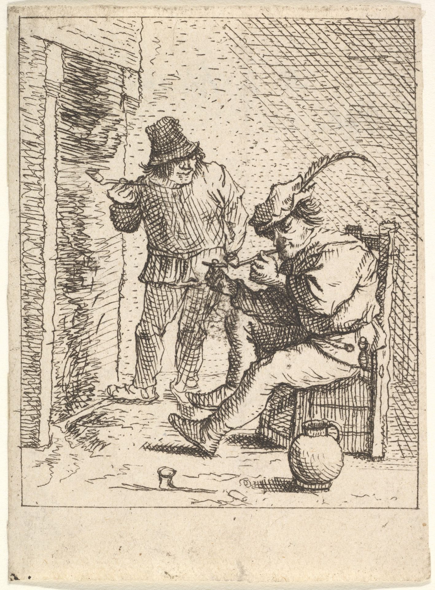 Two male peasants holding pipes before a fireplace, one seated with the pipe held to his mouth, to his left the other stands with the pipe in his right hand, after a series of four prints of peasants by David Teniers the Younger by David Teniers The Younger